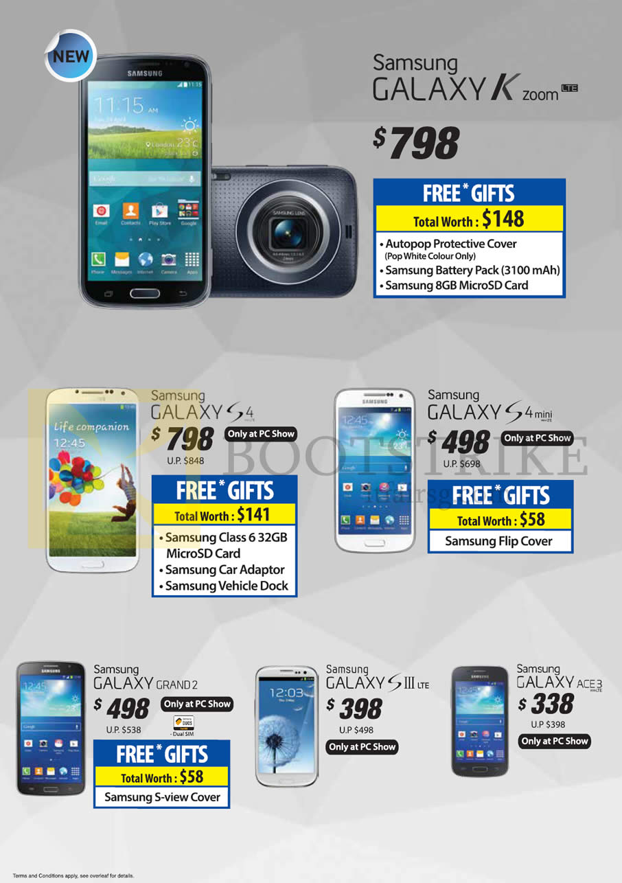 PC SHOW 2014 price list image brochure of Samsung Mobile Phones Galaxy K Zoom, S4, S4 Mini, Grand 2, S III, Ace 3