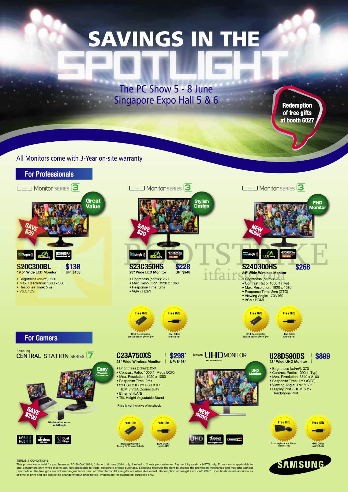 PC SHOW 2014 price list image brochure of Samsung Monitors LED S20C300BL, S23C350HS, S24D300HS, C23A750XS, U28D590DS