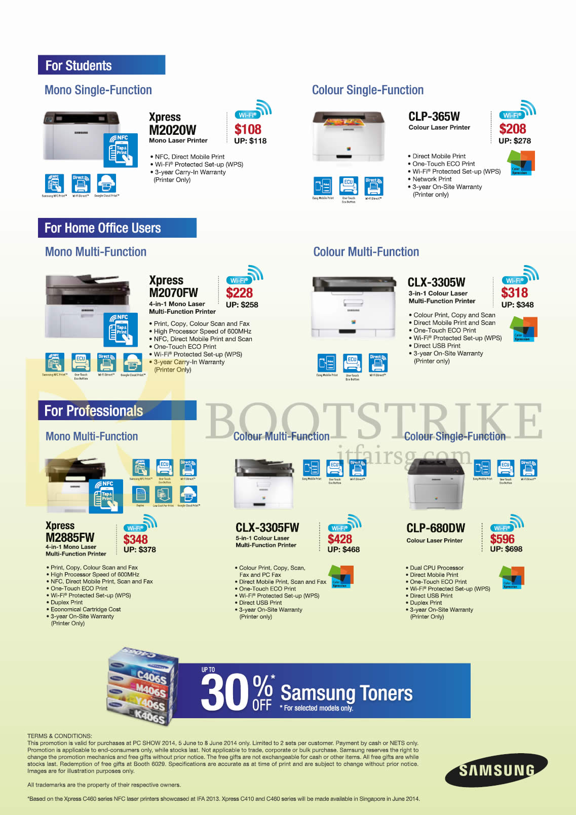 PC SHOW 2014 price list image brochure of Samsung Printers Xpress M2020W, M2070W, M2885FW, CLP-365W, CLX-3305W, CLX-3305FW, CLP-680DW