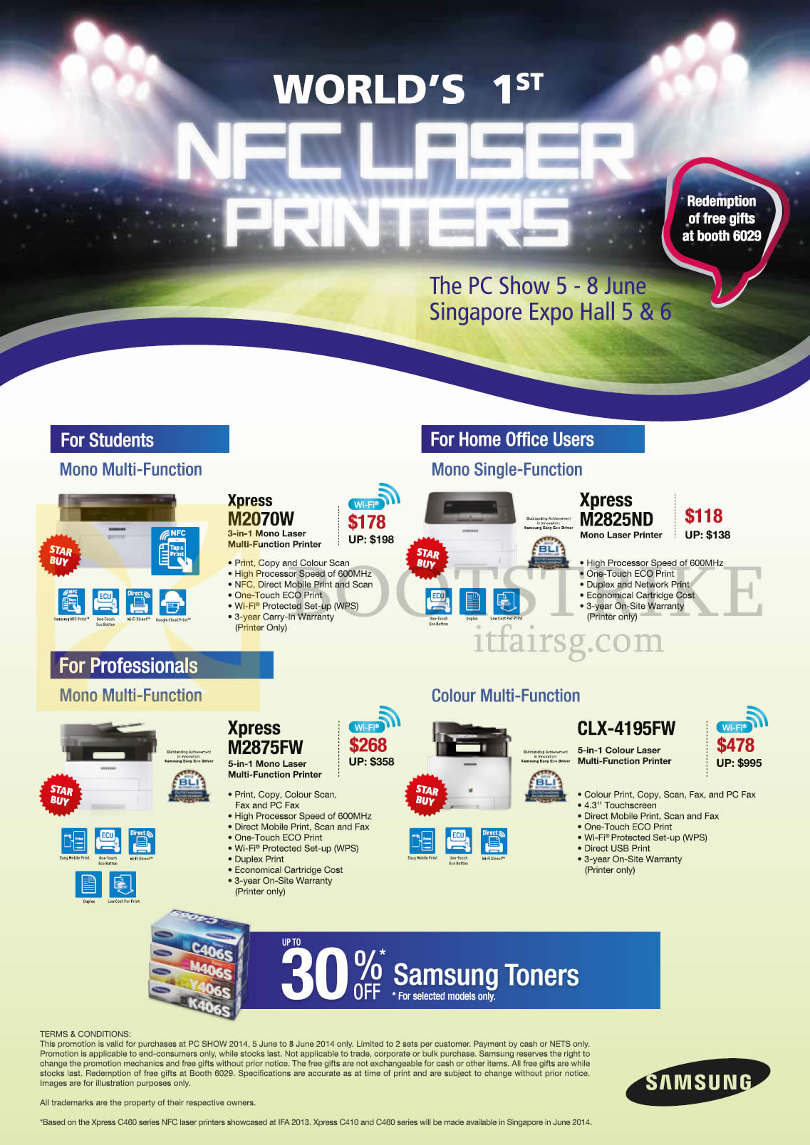 PC SHOW 2014 price list image brochure of Samsung Printers Xpress M2070W, M2825ND, M2875FW, CLX-4195FW