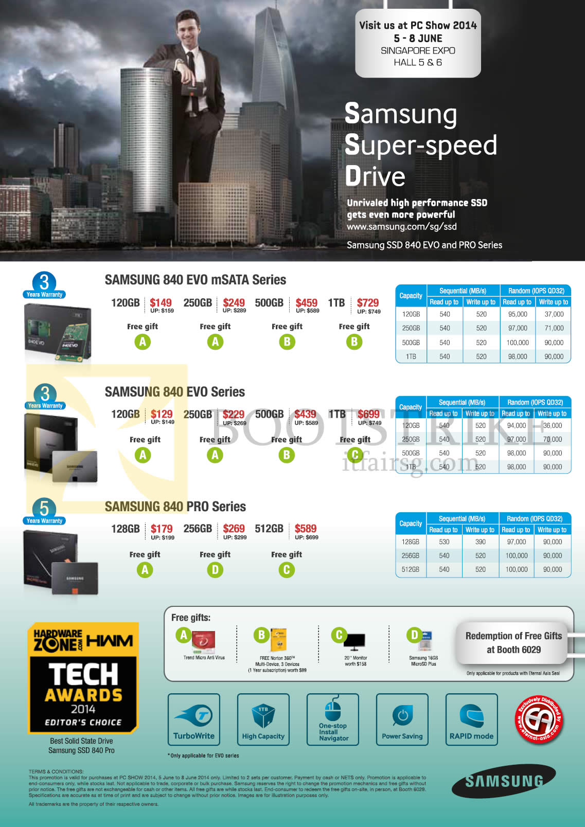 PC SHOW 2014 price list image brochure of Samsung SSD Storage Drives 840 EVO MSATA, 840 EVO, 840 PRO
