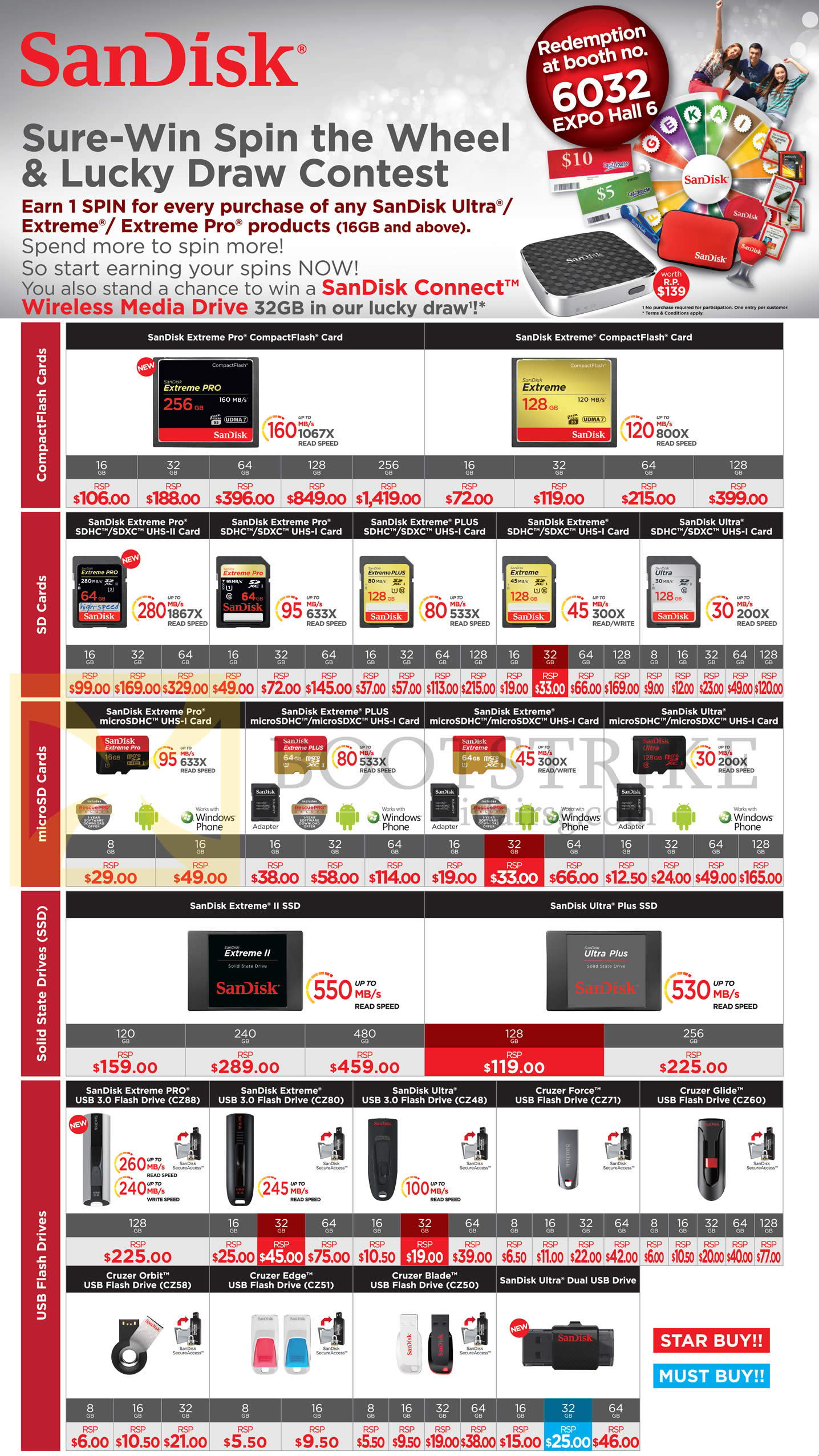 PC SHOW 2014 price list image brochure of Sandisk Flash Memory Cards Extreme Pro Compact Flash CF, Extreme Pro, Plus, Extreme, Ultra SDHC, UHS-1 Card, Extreme II, Ultra Plus SSD, Cruzer Force, Glide, Extreme Pro Drive
