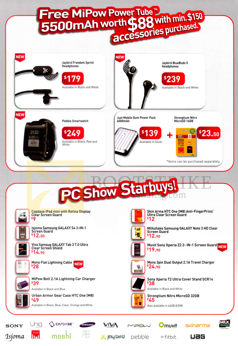 PC SHOW 2014 price list image brochure of Singtel Accessories Jaybird Headphone, Pebble Smartwatch, Screen Protector, Cable, Charger