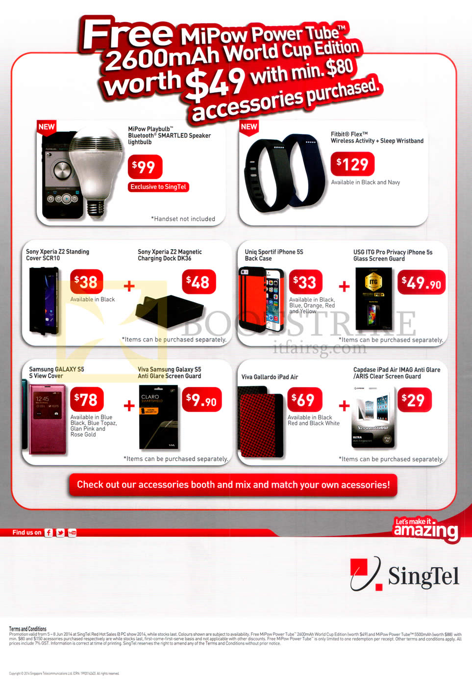 PC SHOW 2014 price list image brochure of Singtel Accessories MiPow Playbulb, Fitbit Flex, Sony Xperia Case, Charging Dock, Samsung Galaxy S5 S View Cover