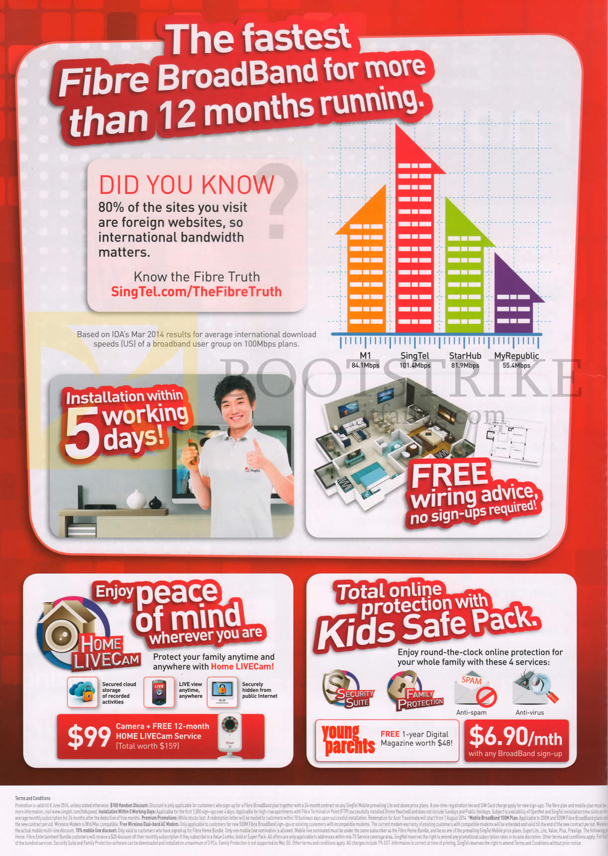 PC SHOW 2014 price list image brochure of Singtel Broadband Fibre 5 Days Installation, Wiring Advice, Fibre Truth, Home LiveCam, Kids Safe Pack