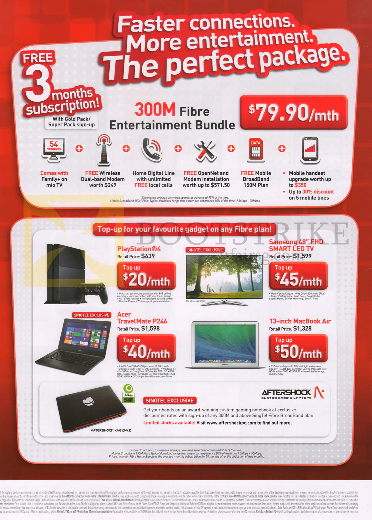 PC SHOW 2014 price list image brochure of Singtel Broadband Fibre Entertainment Bundle 79.90 300Mbps Free 3 Months, Sony PS4, Samsung TV, Acer TravelMate P246 Notebook, Apple Macbook Air, Aftershock XVG13