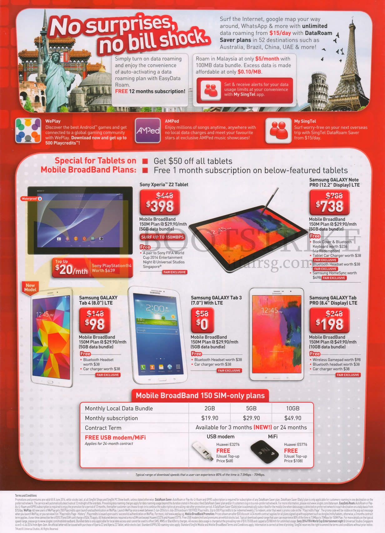 PC SHOW 2014 price list image brochure of Singtel Broadband Mobile, Sony Xperia Z2, Samsung Galaxy Note Pro 12.2, Tab 4 8.0, Tab 3 7.0, Pro 8.4, SIM Only