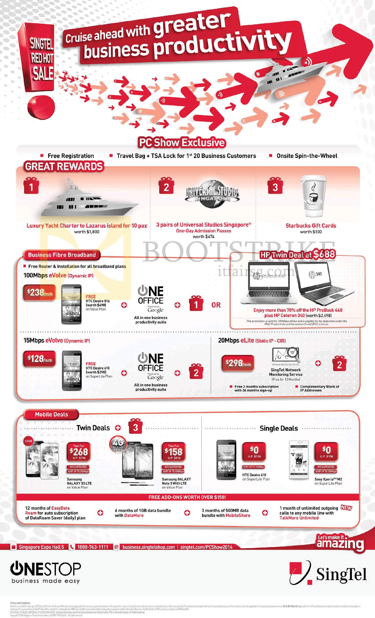 PC SHOW 2014 price list image brochure of Singtel Business Broadband Fibre, Mobile, 100Mbps EVolve 15Mbps 20Mbps, Samsung Galaxy S5, Note 3, HTC Desire 610, Sony Xperia M2
