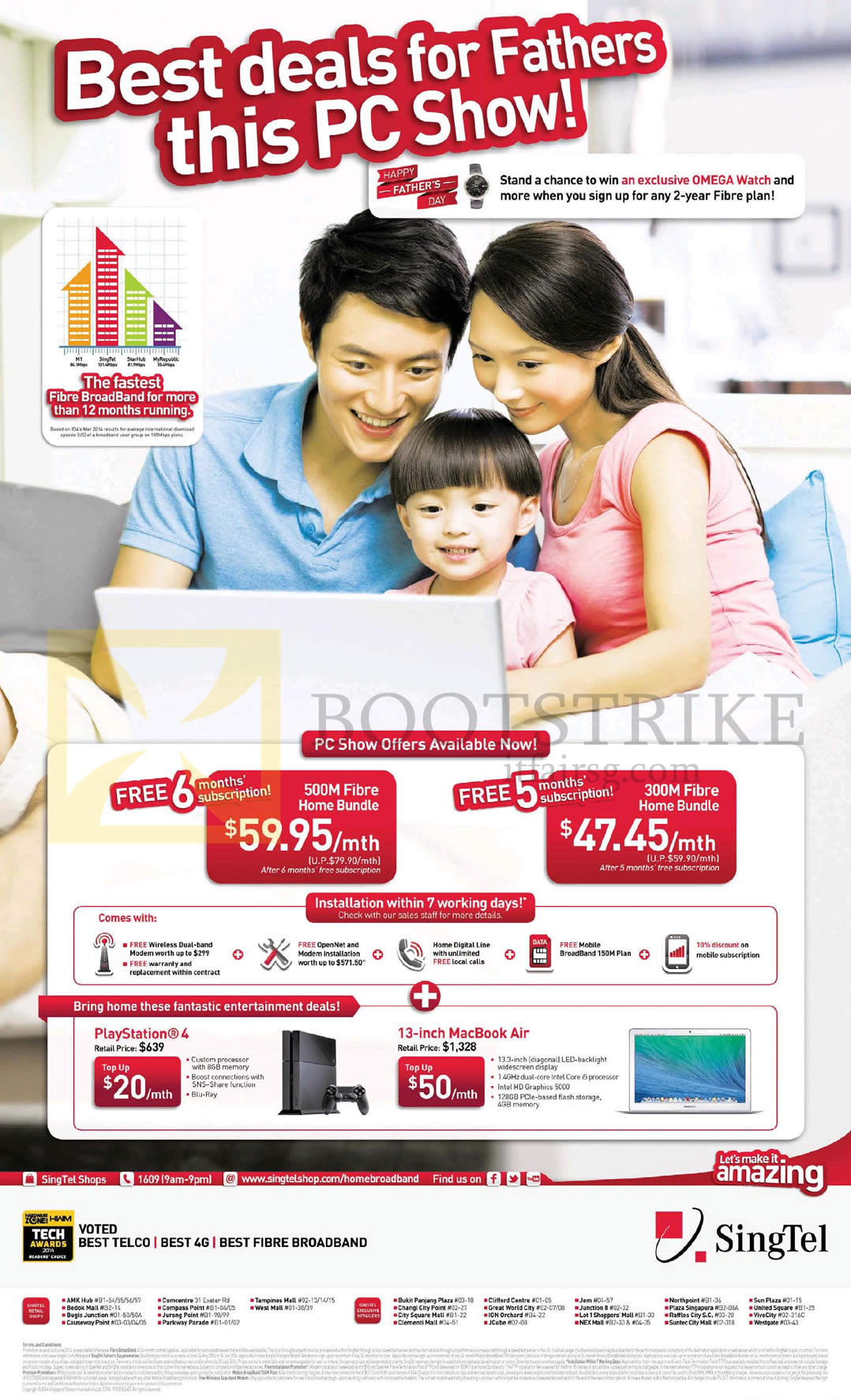PC SHOW 2014 price list image brochure of Singtel Fibre Broadband 500Mbps, 300Mbps, Free Up To 6 Months, Sony PlayStation 4 PS4, Apple Macbook Air