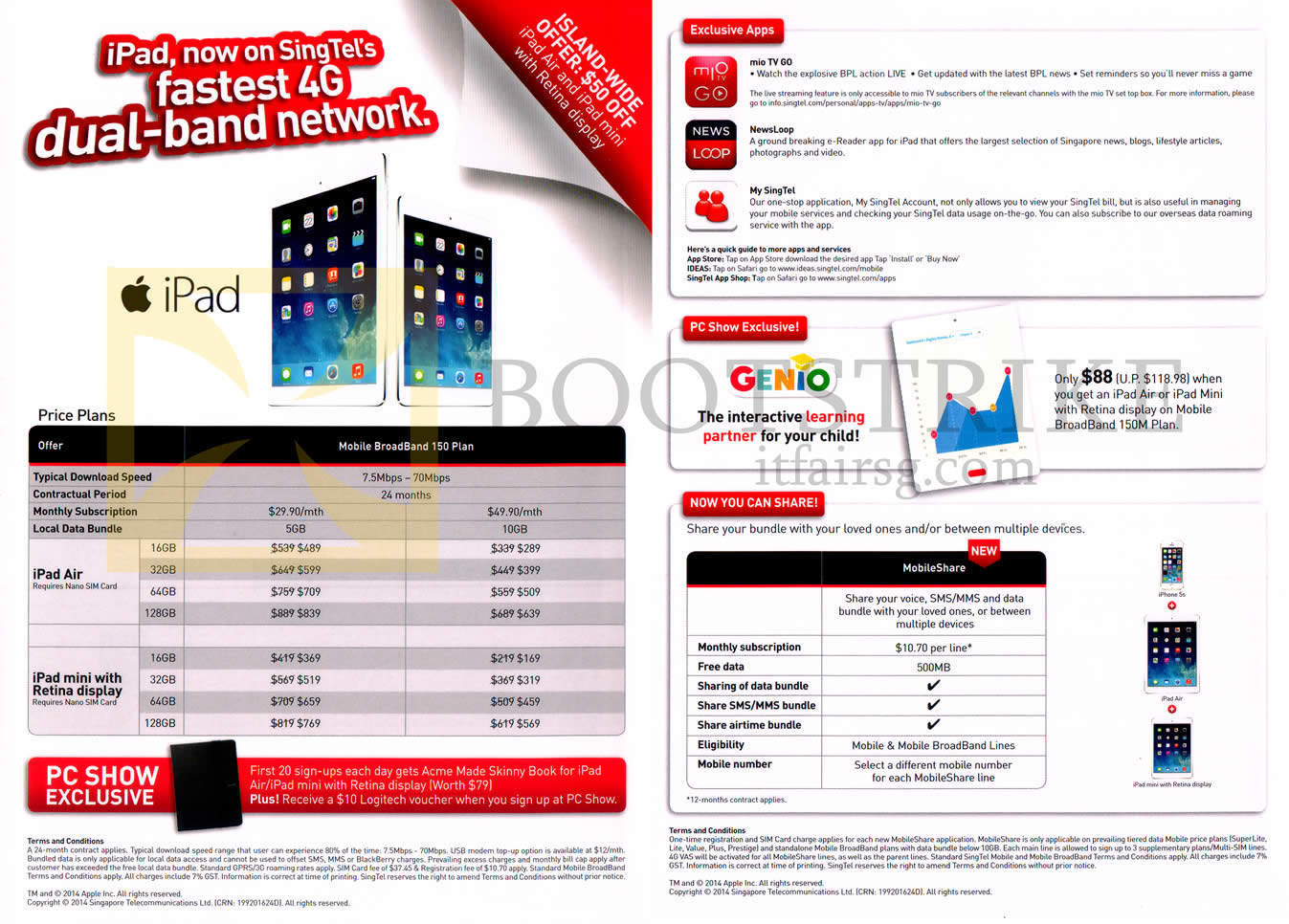 PC SHOW 2014 price list image brochure of Singtel Mobile Broadband Apple IPad, IPad Mini 2, Mobile Broadband 150 Plan