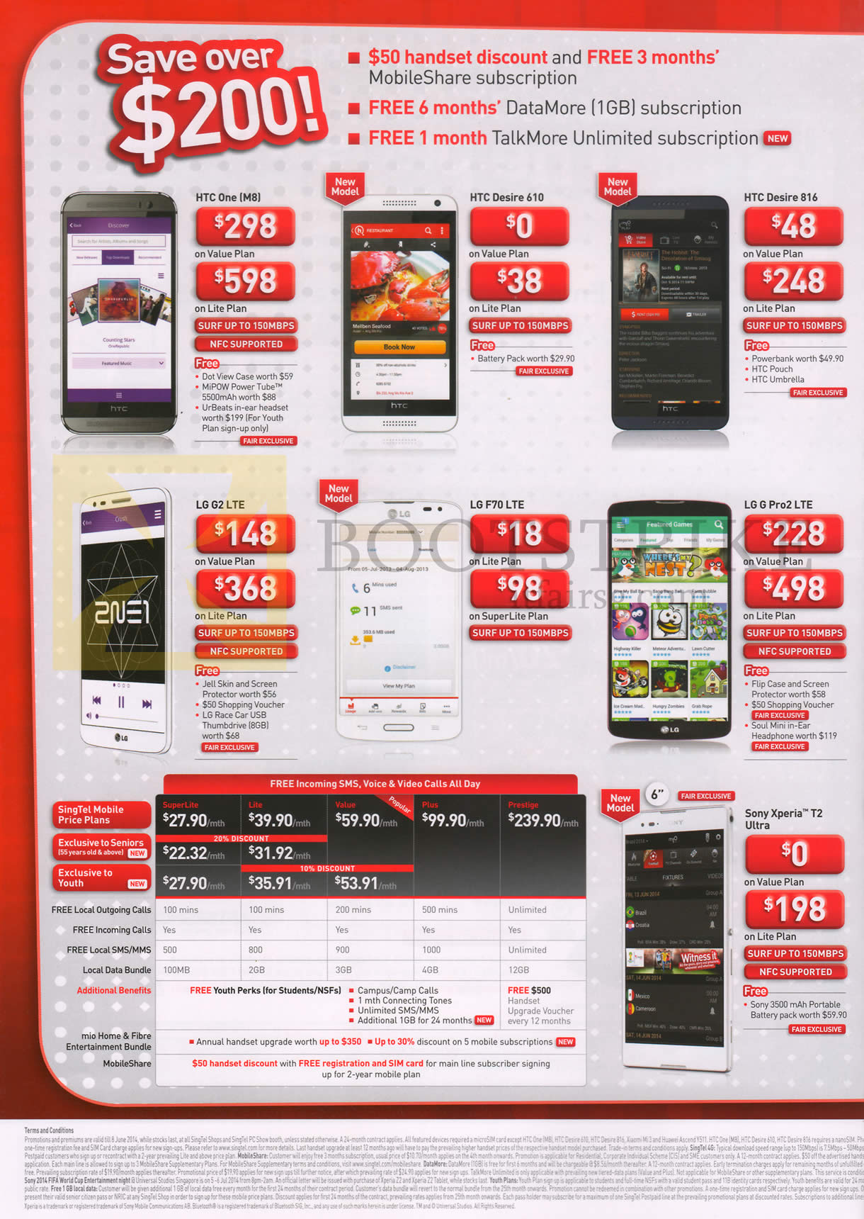 PC SHOW 2014 price list image brochure of Singtel Mobile HTC One M8, 610, 816, LG G2 F70 G Pro2, Sony Xperia T2, Plans SuperLite Lite Value Plus