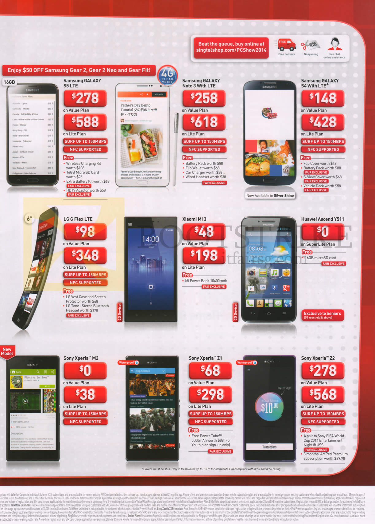 PC SHOW 2014 price list image brochure of Singtel Mobile Samsung Galaxy S5 Note 3 S4, LG G Flex, Xiaomi Mi 3, Huawei Ascend Y511, Sony Xperia M2 Z1 Z2