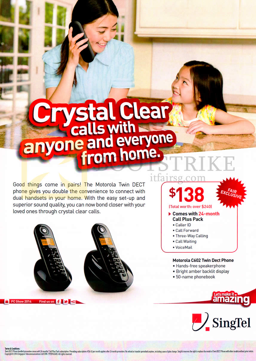 PC SHOW 2014 price list image brochure of Singtel Motorola Twin Dect Phones, Free Call Plus