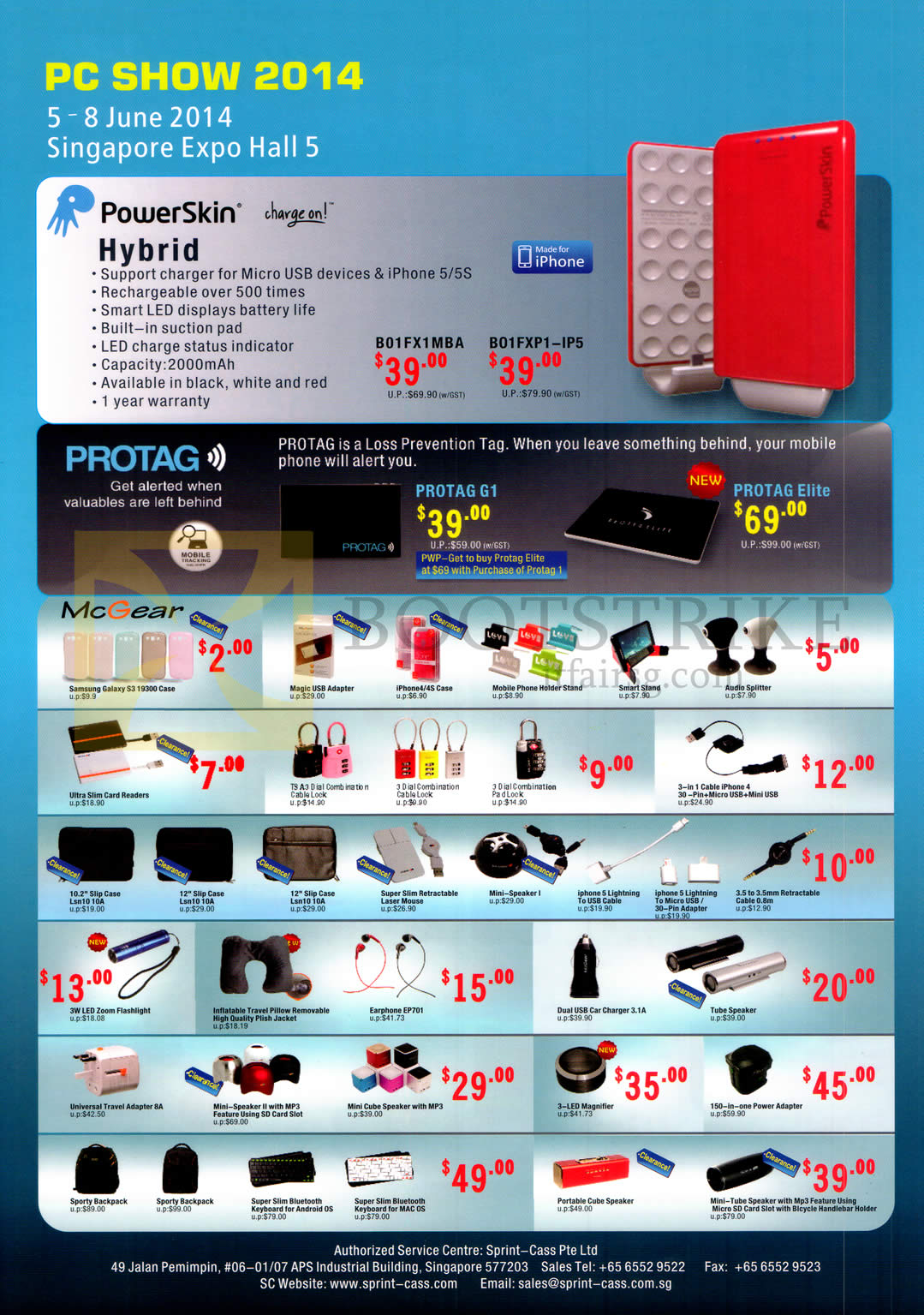 PC SHOW 2014 price list image brochure of Sprint-Cass Accessories PowerSkin Hybrid, Protag G1, Elite, McGear, Mouse, Case, Adapter, Splitter, Backpack