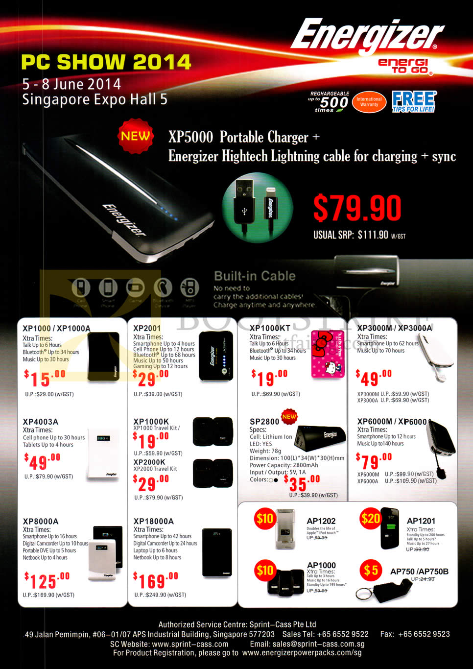 PC SHOW 2014 price list image brochure of Sprint-Cass Energizer Portable Chargers XP1000, XP1000A, XP2001, XP1000KT, XP3000M, XP3000A, XP4003A, XP1000K, SP2800, XP8000A, AP1202, AP1201, AP1000