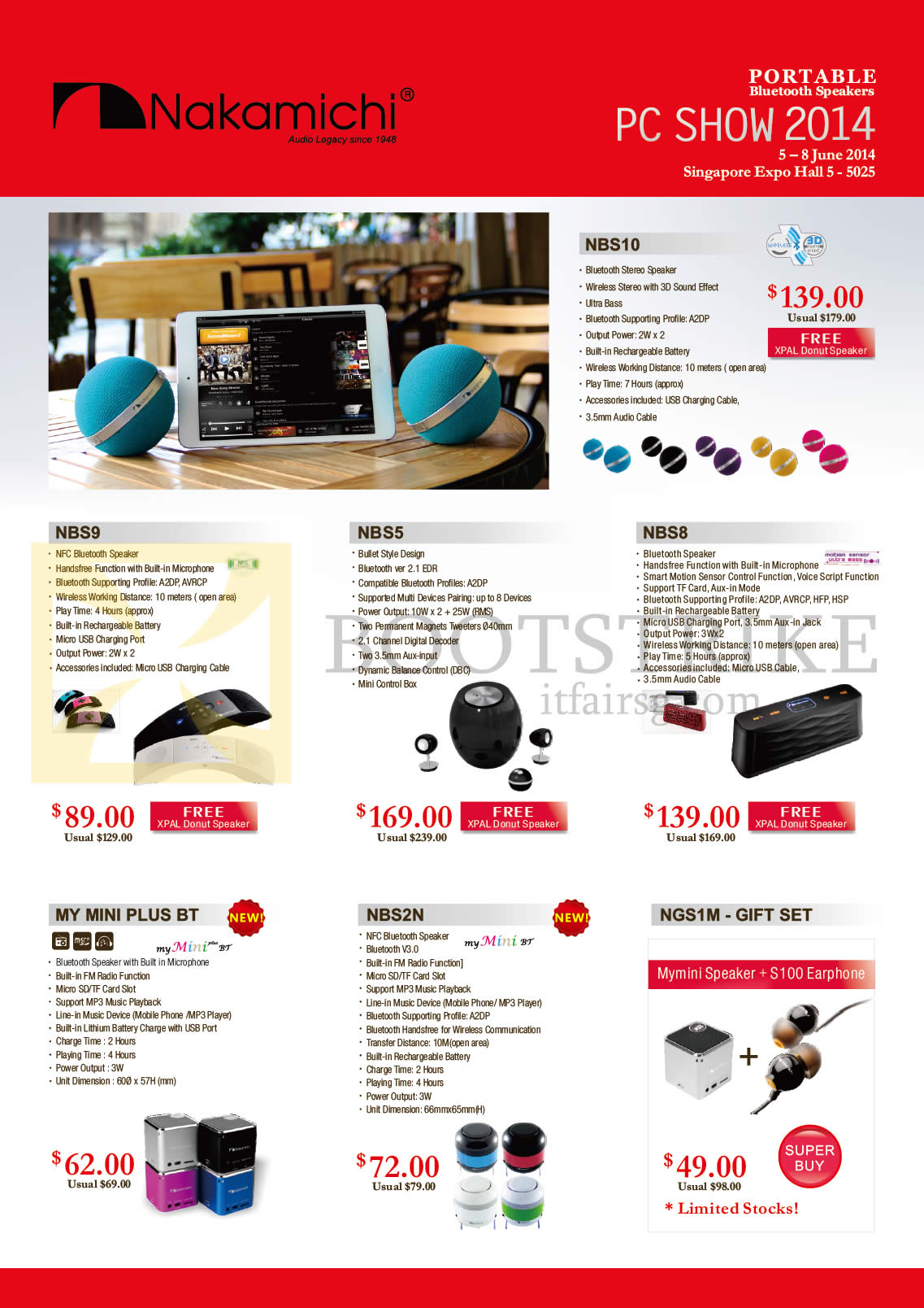 PC SHOW 2014 price list image brochure of Sprint-Cass Nakamichi Bluetooth Speakers NBS9, NBS5, NBS8, NBS2N, My Mini Plus BT, NGS1M