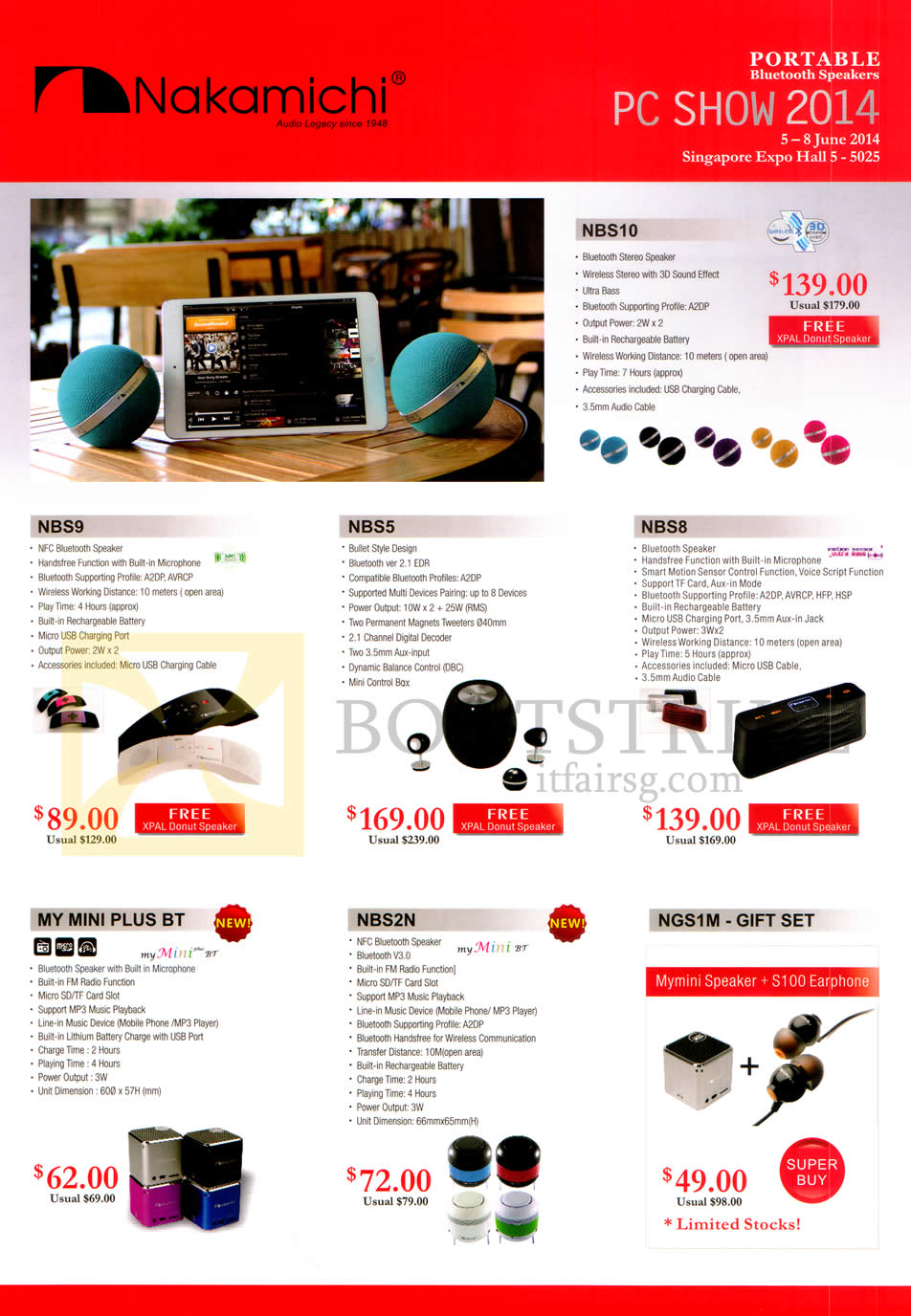 PC SHOW 2014 price list image brochure of Sprint-Cass Nakamichi Bluetooth Speakers, Mouse, NBS10, 9, 5, 8, 2N, NGS1M, My Mini Plus BT