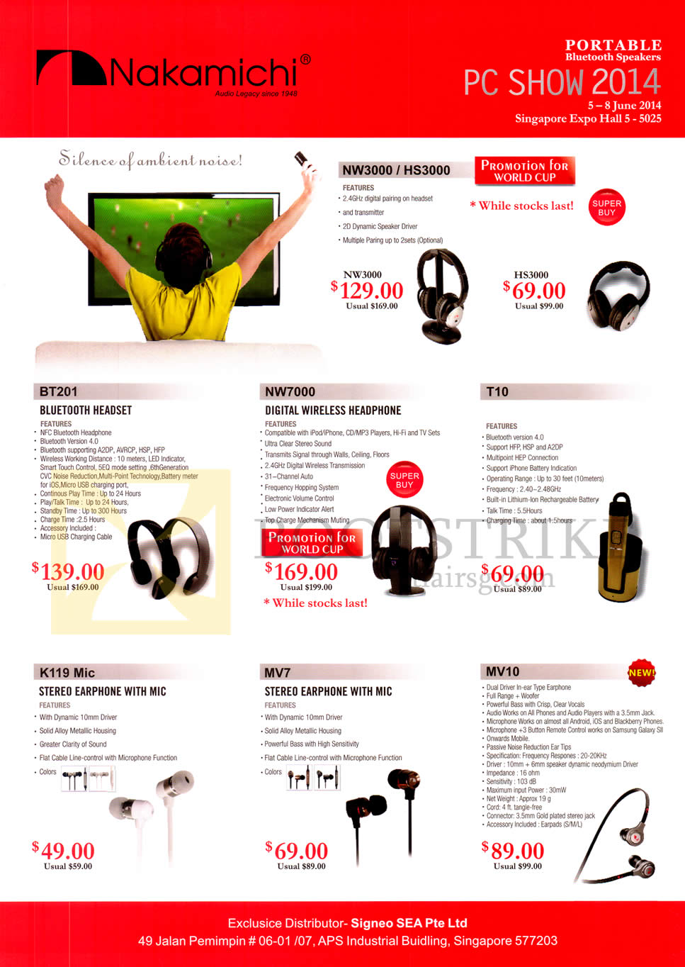PC SHOW 2014 price list image brochure of Sprint-Cass Nakamichi Headphones, Earphones, BT201, NW7000, T10, K119Mic, MV7, MV10, NW3000, HS3000