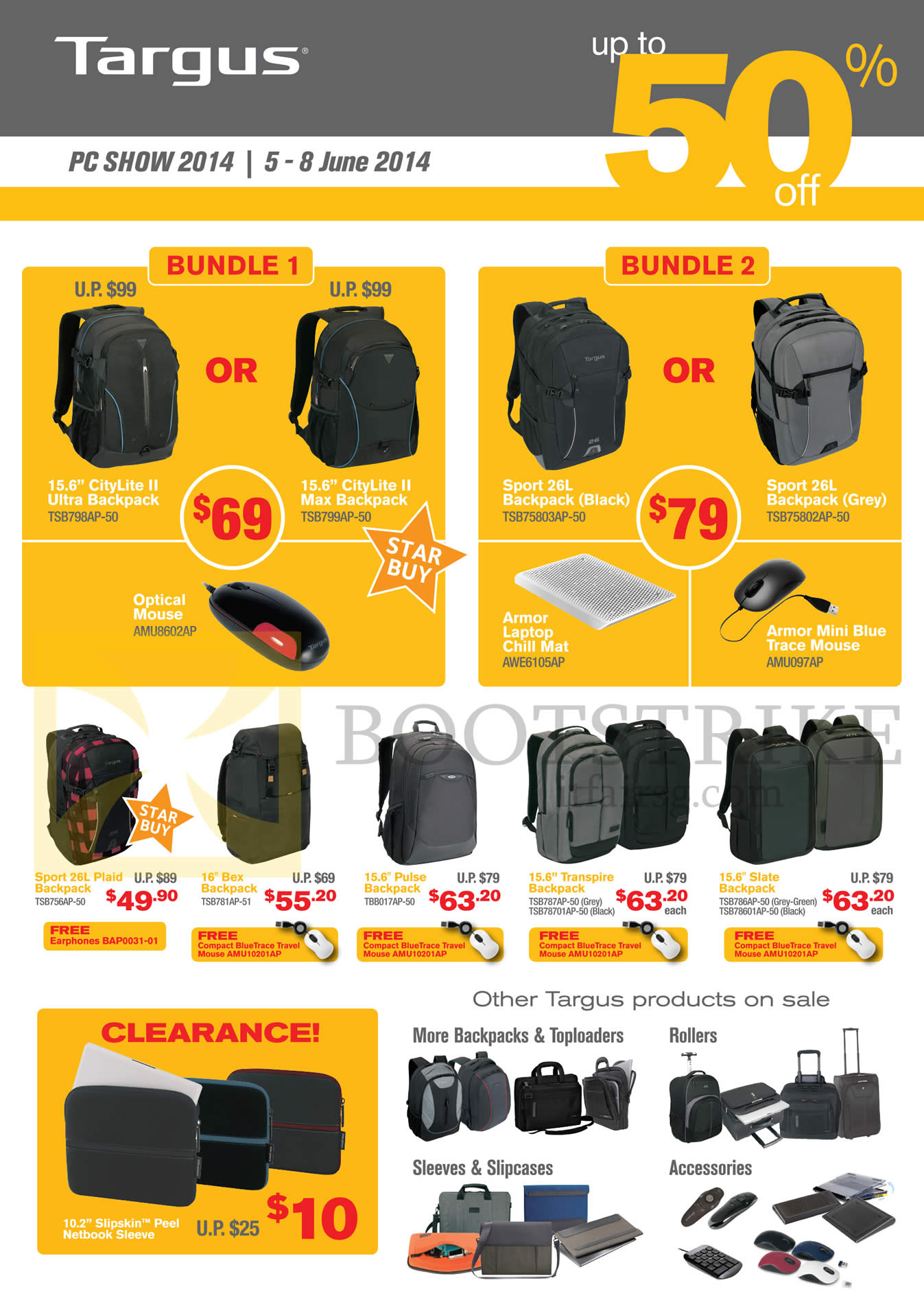 PC SHOW 2014 price list image brochure of Sprint-Cass Targus Backpack Bundles Citylife II, Sport 26L, Pulse, Transpire, Slate, Box