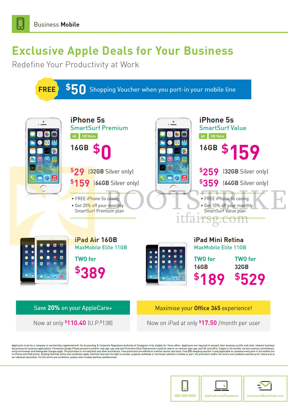 PC SHOW 2014 price list image brochure of Starhub Business Apple IPhone 5S SmartSurf Premium, Value, IPad Air MaxMobile Elite, IPad Mini 2 Retina MaxMobile Elite
