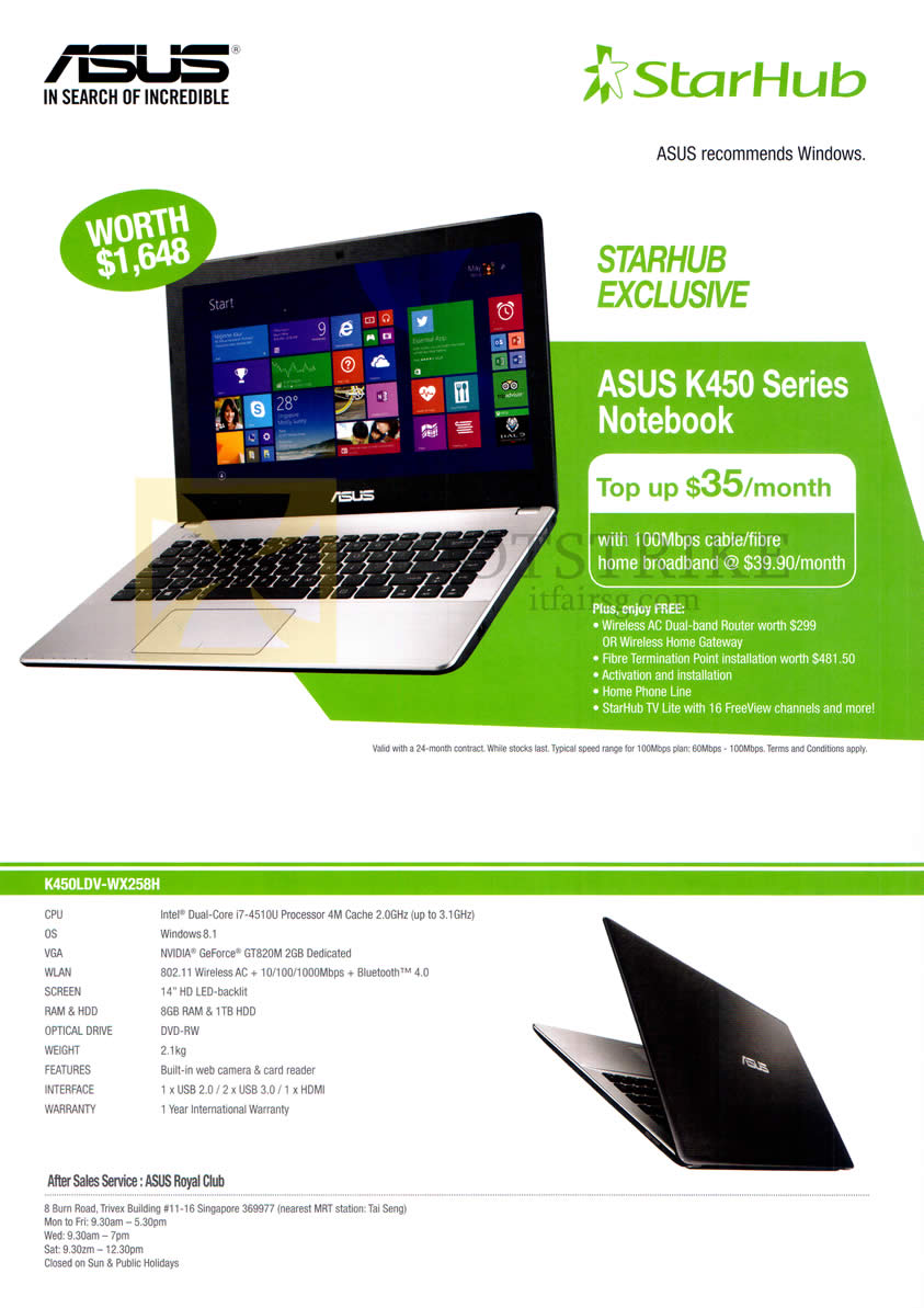 PC SHOW 2014 price list image brochure of Starhub Fibre Broadband Asus K450LDV-WX258H Notebook Specifications