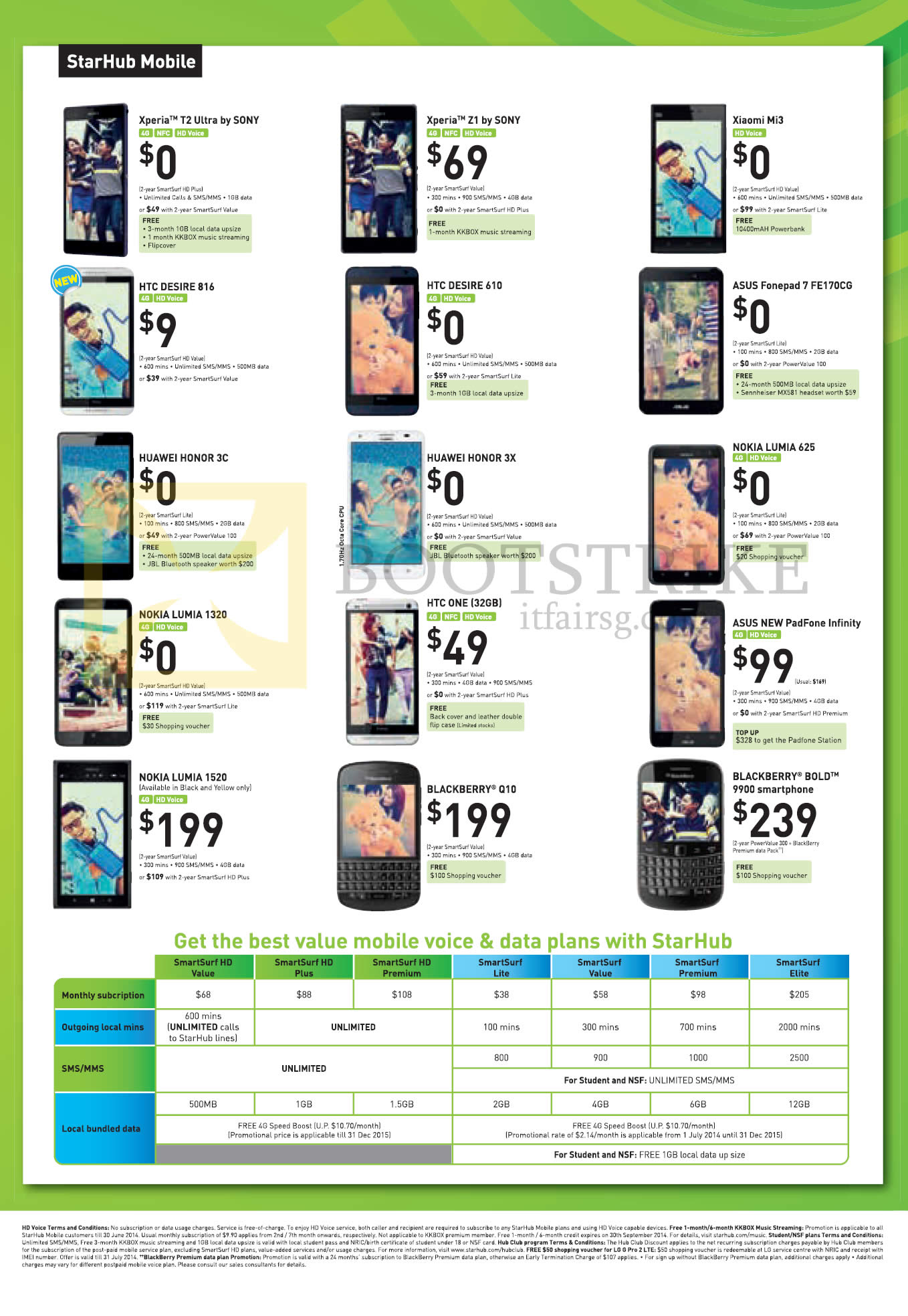 PC SHOW 2014 price list image brochure of Starhub Mobile Sony Xperia T2 Z1, Xiaomi Mi3, HTC Desire 816 610 One, ASUS Fonepad 7 Padfone Infinity, Huawei Honor 3C 3X, Nokia Lumia 625 1320 1520, Blackberry Q10 Bold