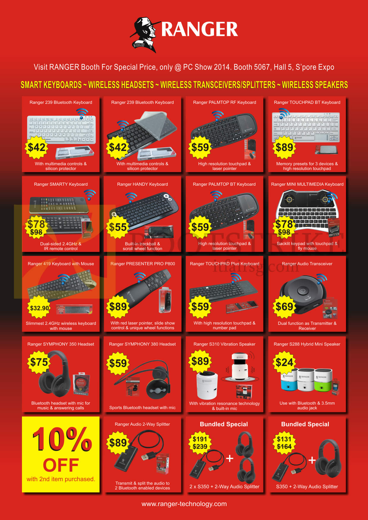 PC SHOW 2014 price list image brochure of Systems Tech Ranger Keyboards, Wireless Headsets, Transceivers, Splitters, Speakers