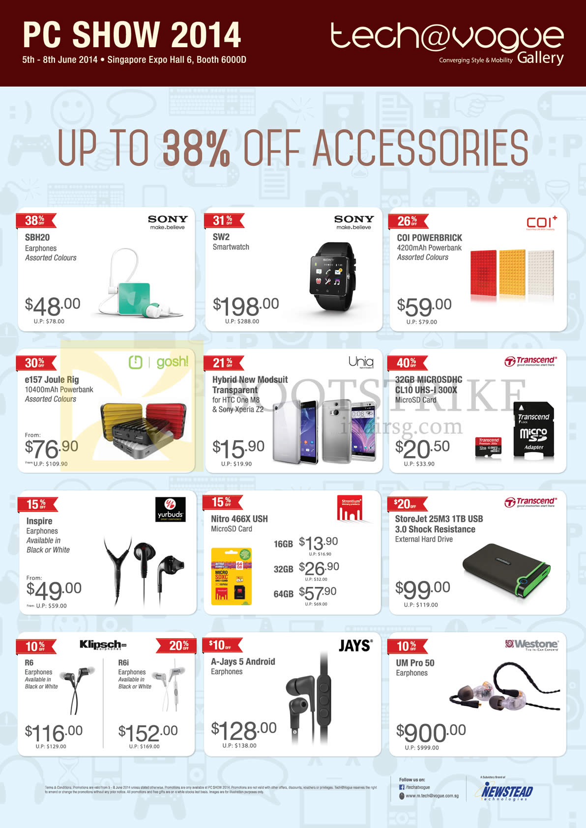 PC SHOW 2014 price list image brochure of Tech Vogue Accessories Sony SBH20 Earphones, SW2 Watch, Uniq, Nitro, Transcend, Klipsch R6 R6i, Jays A-Jays 5, Westone UM Pro 50 Earphones