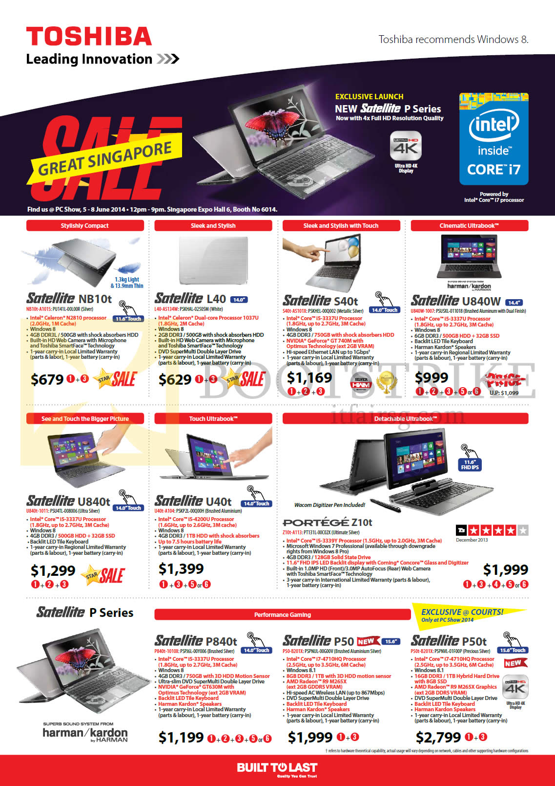 PC SHOW 2014 price list image brochure of Toshiba Notebooks Satellite NB10t, L40, S40t, U840W, U840t, U40t, P840t, P50, P50t, Portege Z10t