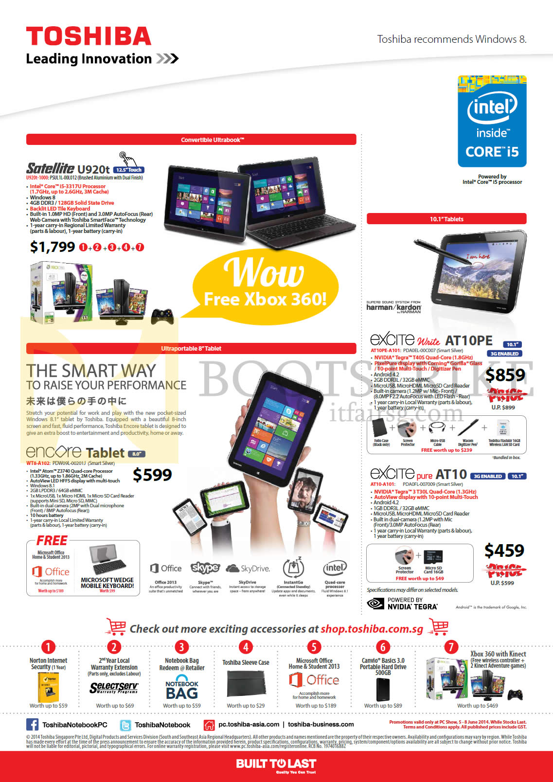 PC SHOW 2014 price list image brochure of Toshiba Notebooks, Tablets, Satellite U920t, Encore Tablet, Excite Write AT10PE, Pure AT10