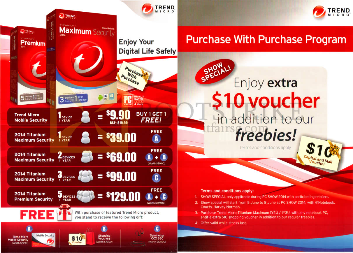 PC SHOW 2014 price list image brochure of Trend Micro Software Mobile Security, 2014 Titanium Maximum Security, CapitaLand Mall Voucher