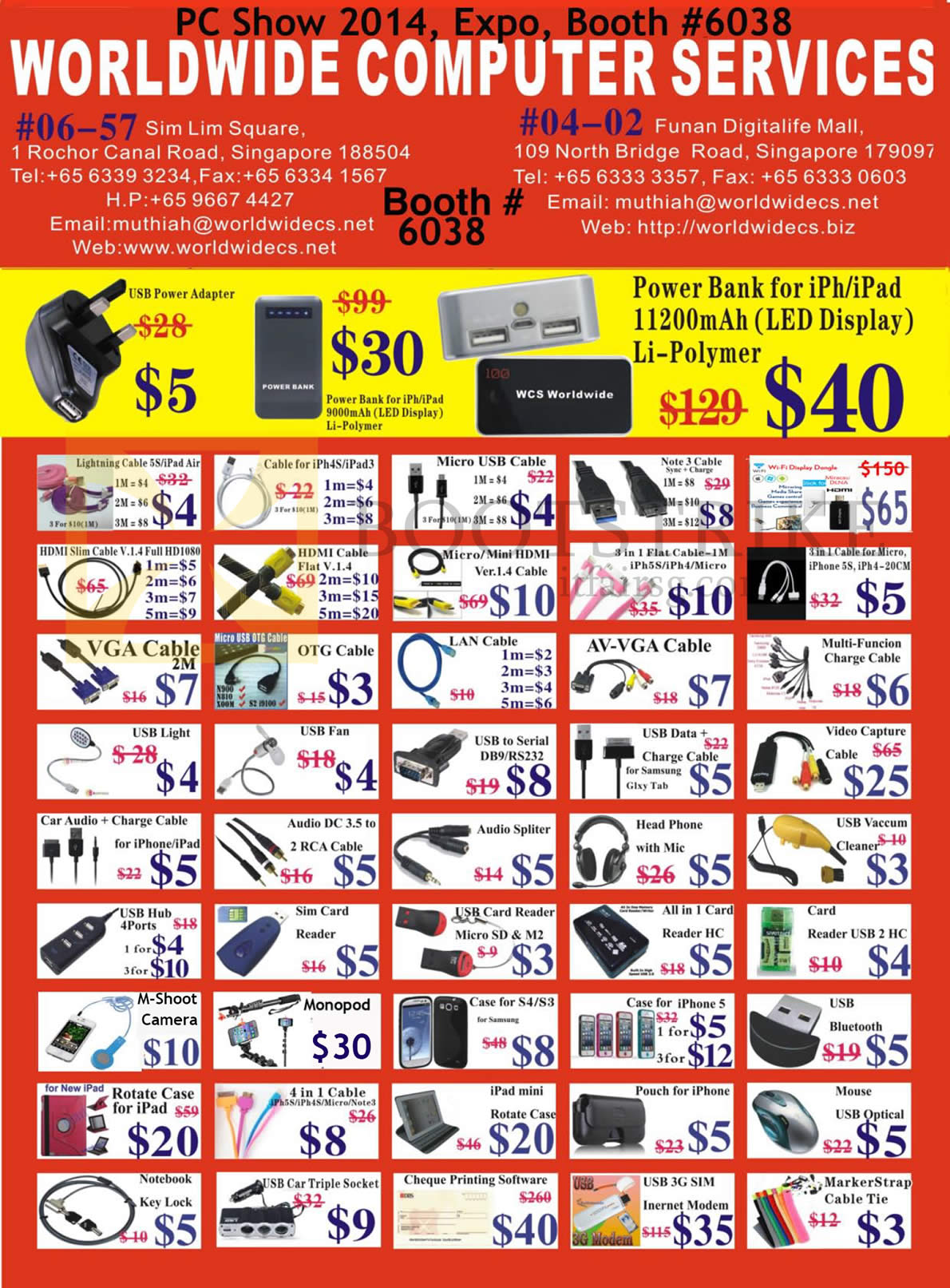 PC SHOW 2014 price list image brochure of Worldwide Computer Services Accessories Cable, IPhone Case, Ipad Case, Rotate Cases, USB 3G Sim, HDMI, Video Capture