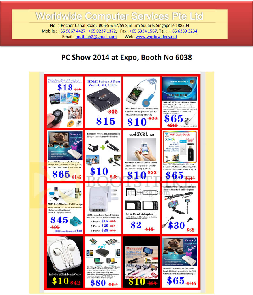PC SHOW 2014 price list image brochure of Worldwide Computer Services Accessories Travel Charger, USB Storage, Adapters, Selfie Pod, HDMI Switch 3 Port, Wifi Display Dongle