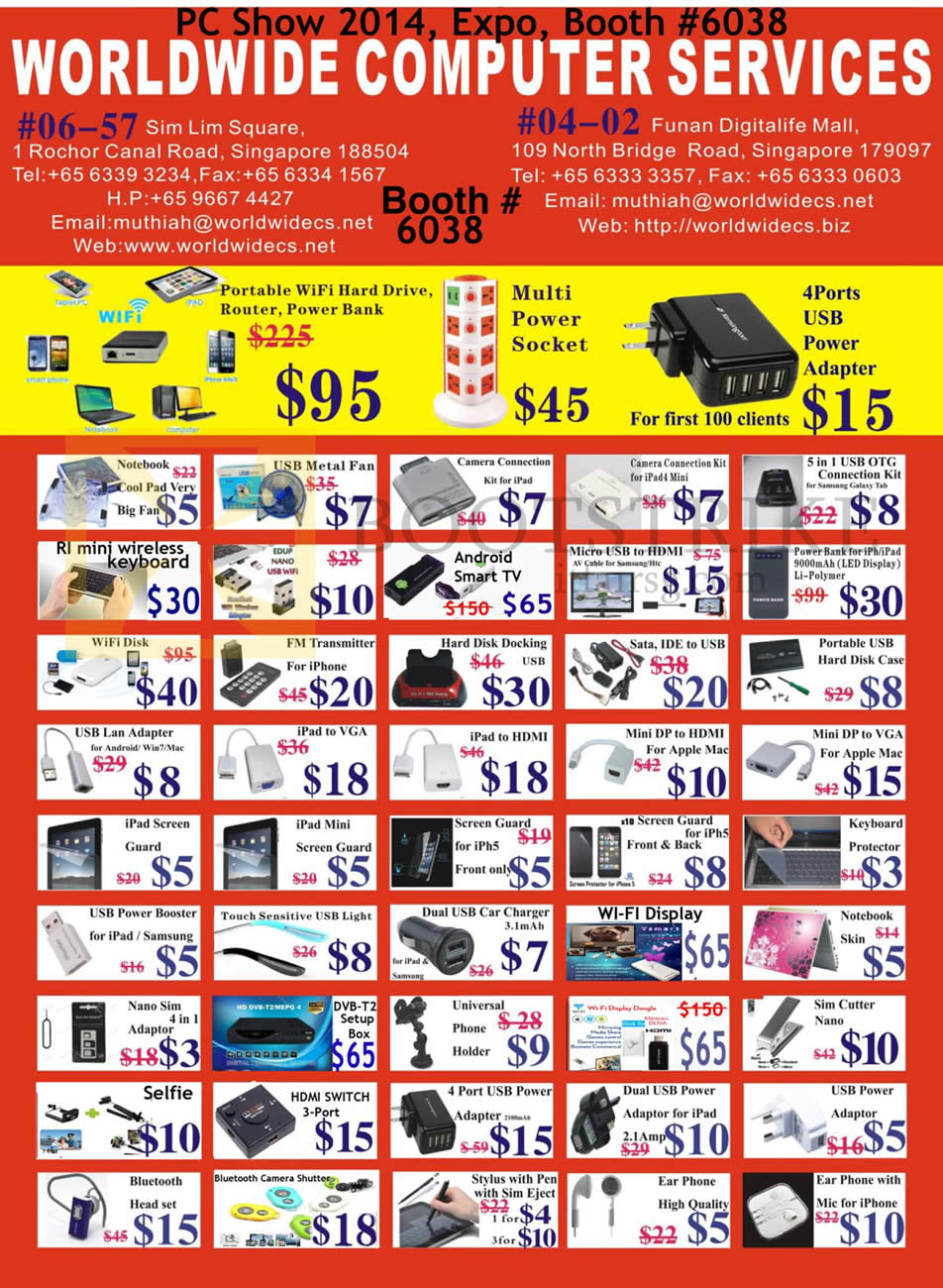PC SHOW 2014 price list image brochure of Worldwide Computer Services Accessories, Hard Disk Docking Station, 3G Dongle, FM Transmitter, Powerbank, Notebook Cooler, Screen Protector