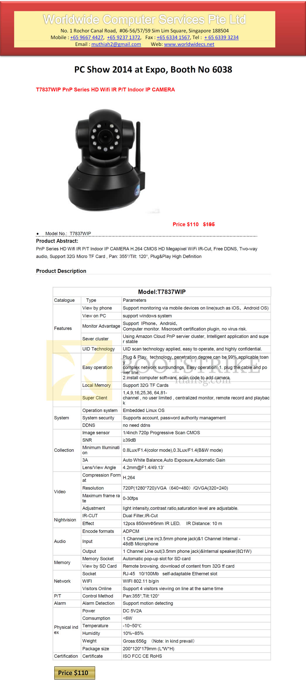 PC SHOW 2014 price list image brochure of Worldwide Computer Services Indoor IP Camera IPCam T7837WIP