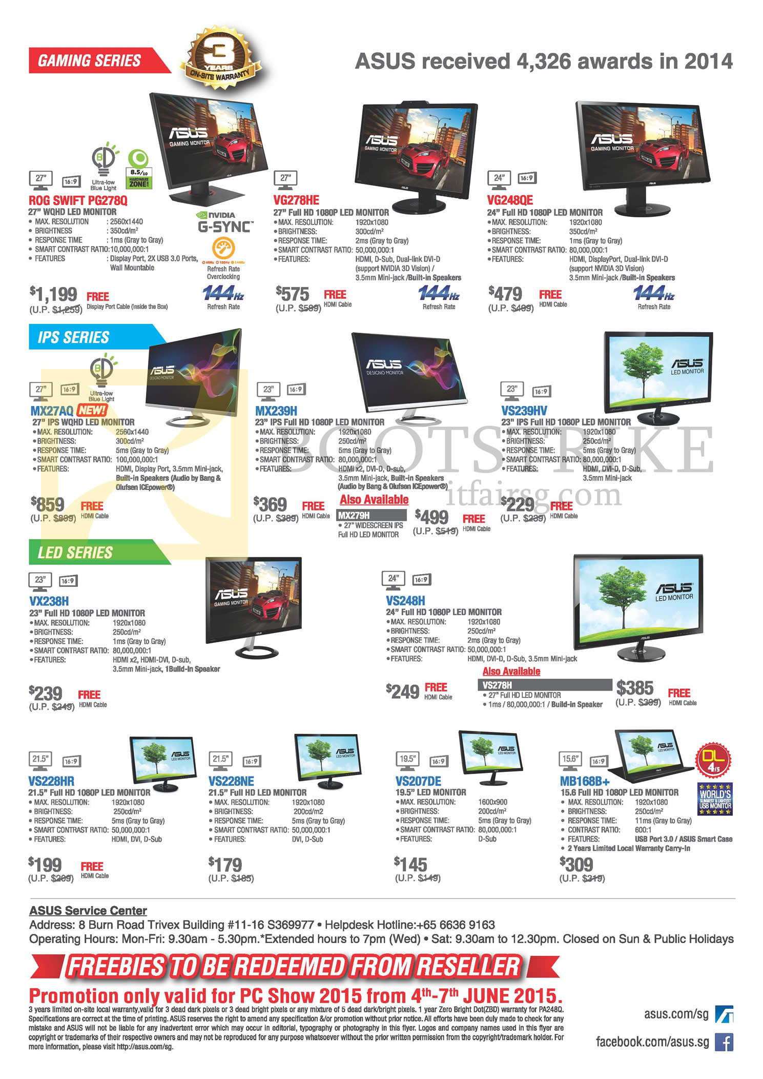 PC SHOW 2015 price list image brochure of ASUS Monitors ROG Swift IPS LED Gaming PG278Q, VG278HE, VG248QE, MX27AQ, MX239H, VS239HV, VX238H, VS248H, VS228HR, VS228NE, VS207DE, MB168BPlus