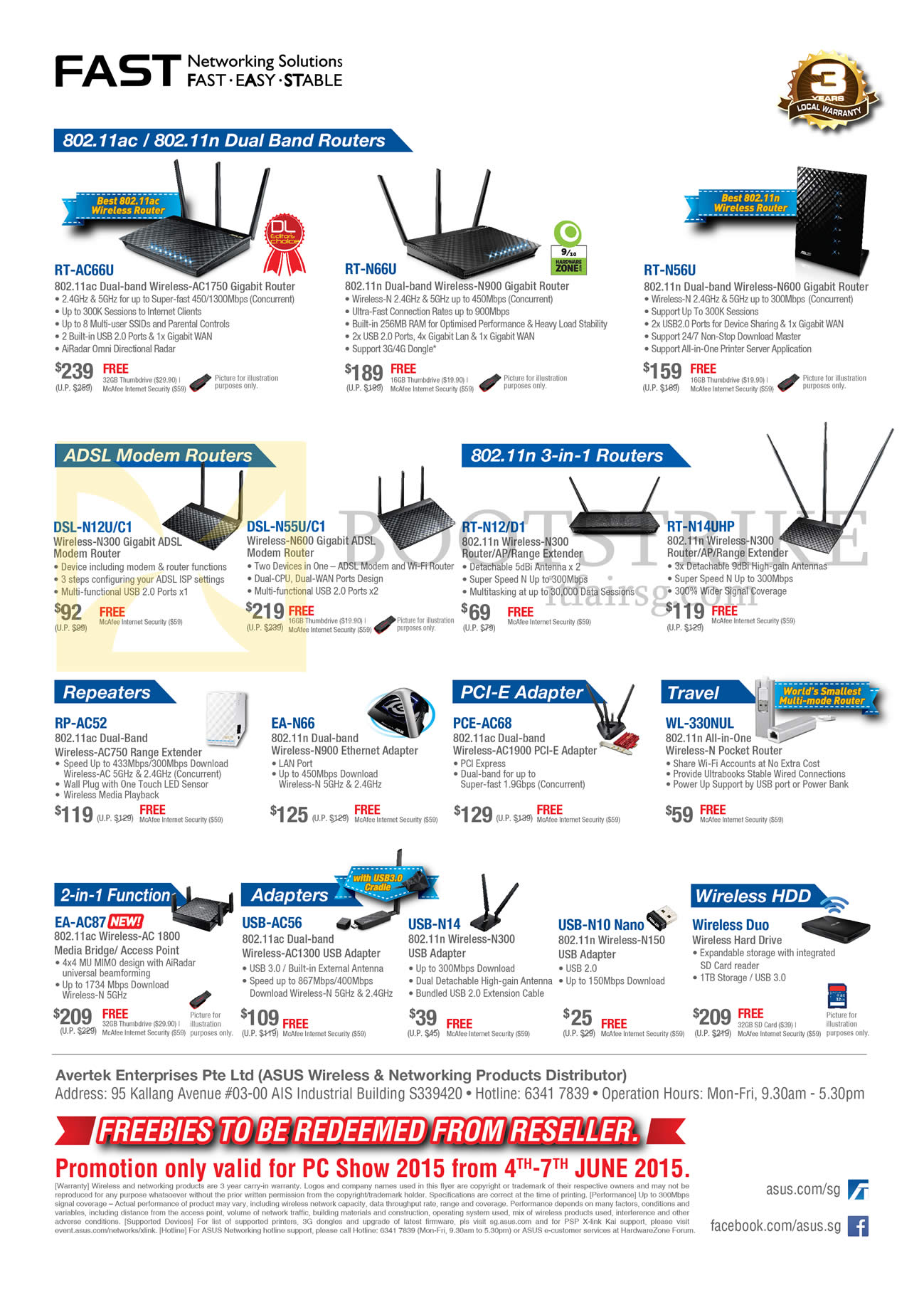 PC SHOW 2015 price list image brochure of ASUS Networking Routers ADSL Modem Repeaters, RT-AC66U N66U N56U DSL-N12UC1 N55UC1 N12D1 N14UHP RP-AC52 EA-N66 WL-330NUL EA-AC87 USB-AC56 N14 N10 Duo
