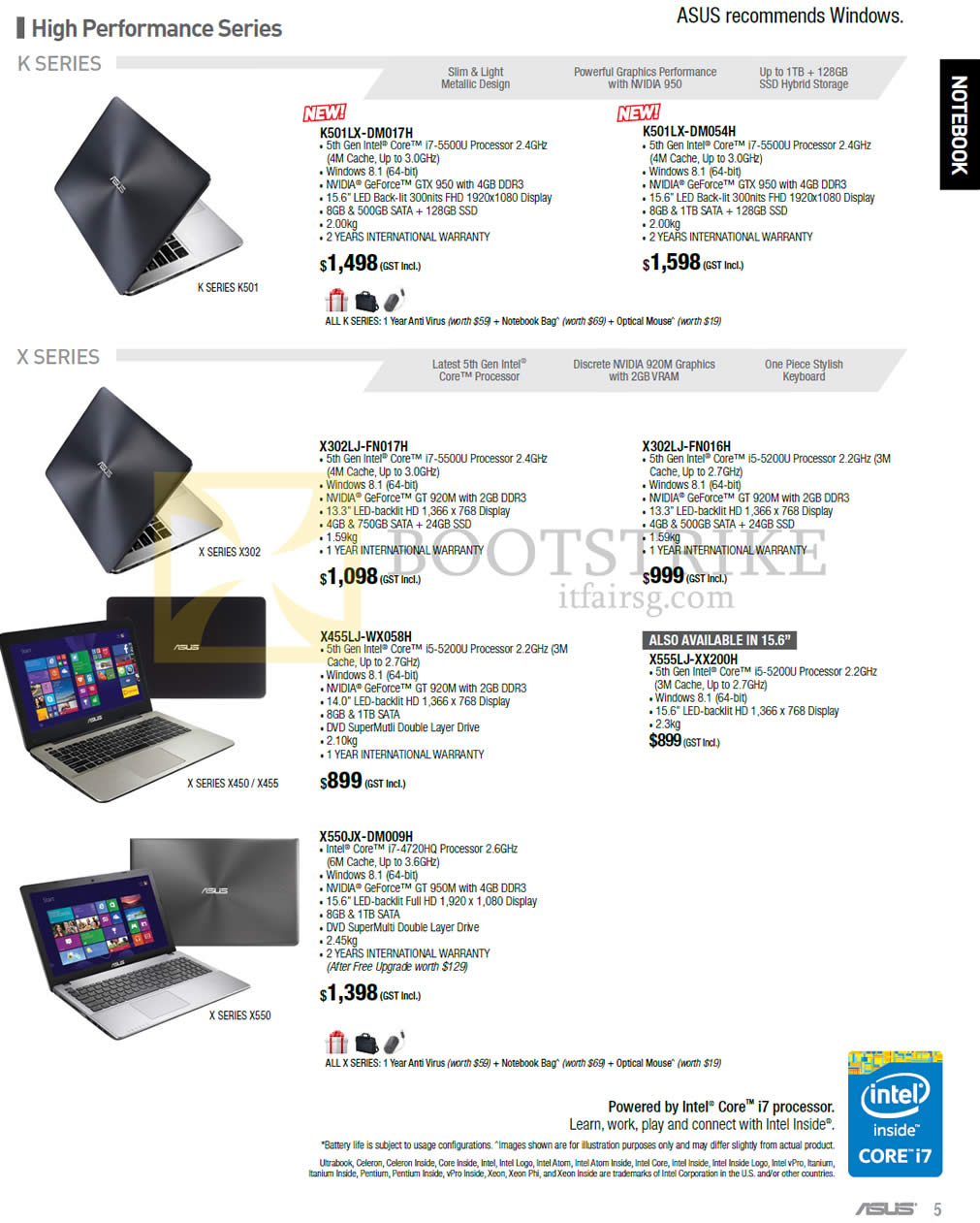 PC SHOW 2015 price list image brochure of ASUS Notebooks K501LX-DM017H, K501LX-DM054H, X302LJ-FN017H, X302LJ-FN016H, X455LJ-WX058H, X555LJ-XX200H, X550JX-DM009H