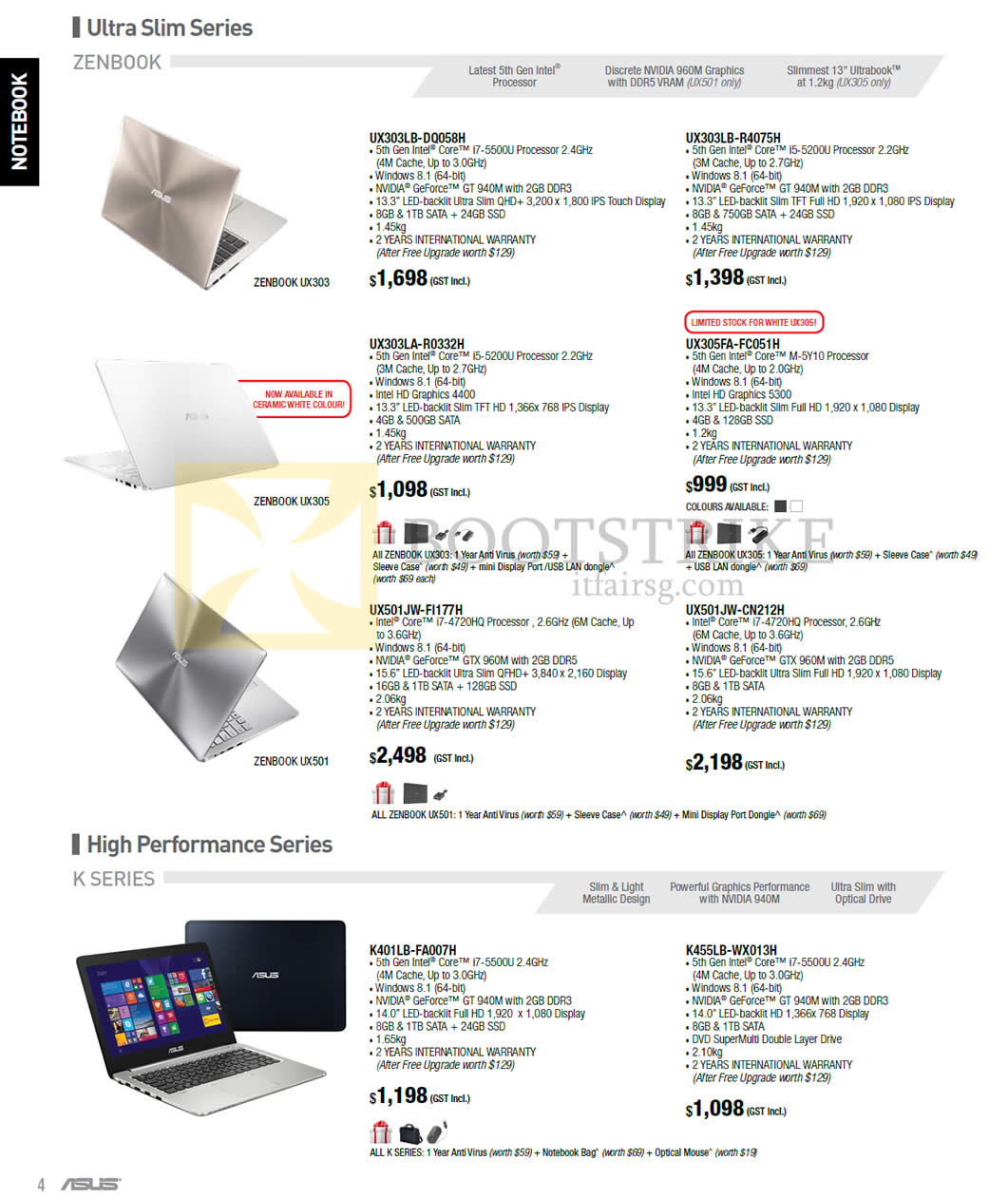 PC SHOW 2015 price list image brochure of ASUS Notebooks Zenbook, K Series, UX303LB-DQ058H, UX303LB-R4075H, UX303LA-R0332H, UX305FA-FC051H, UX501JW-FI177H, UX501JW-CN212H, K401LB-FA007H, K455LB-WX013H