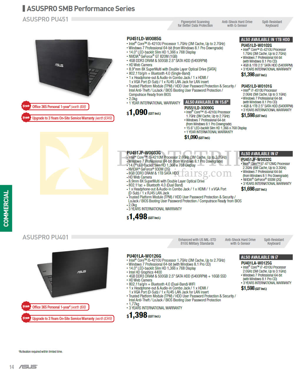 PC SHOW 2015 price list image brochure of ASUS Notebooks, ASUSPRO PU451, PU451LD-WO085G, PU451LD-WO102G, PU551LD-X0090G, PU451JF-WO033G, PU451JF-WO032G, PU401LA-WO126G, WO125G