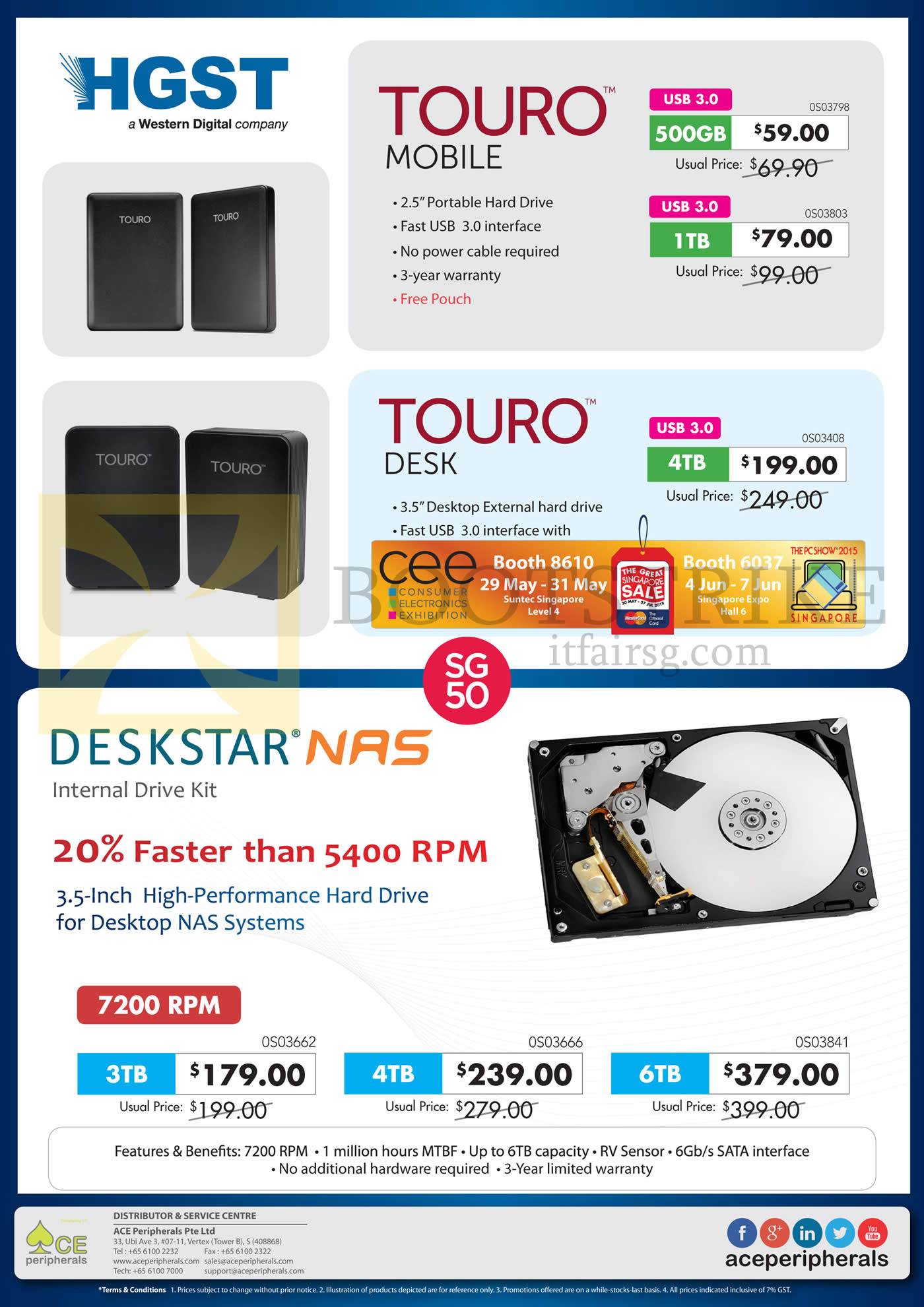 PC SHOW 2015 price list image brochure of Ace Peripherals External Storage Drive HGST Touro Mobile 500GB, 1TB, Desk, Deskstar NAS Internal HDD 3TB 4TB 6TB