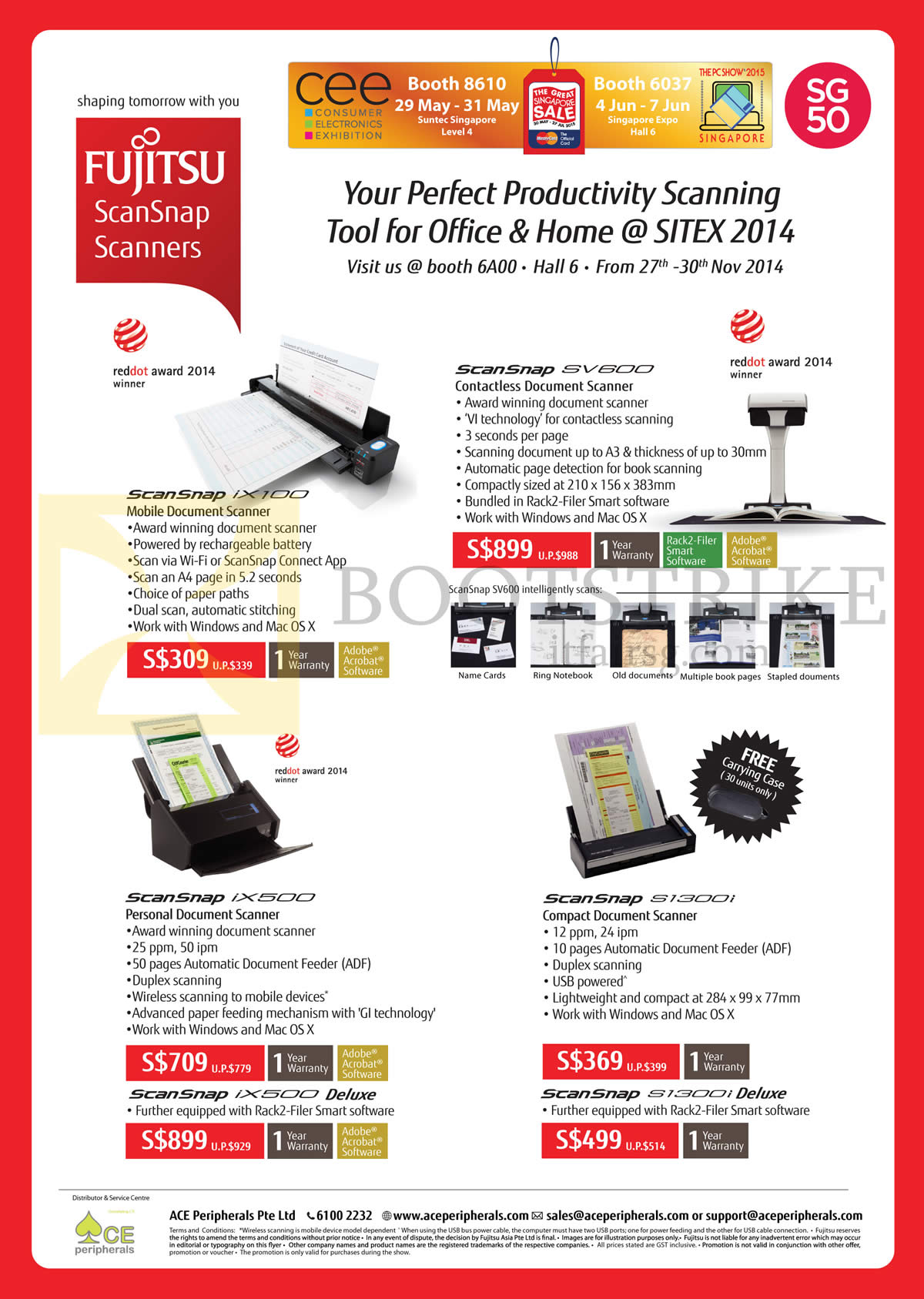PC SHOW 2015 price list image brochure of Ace Peripherals Fujitsu ScanSnap Scanners IX100 SV600 IX500 S1300i
