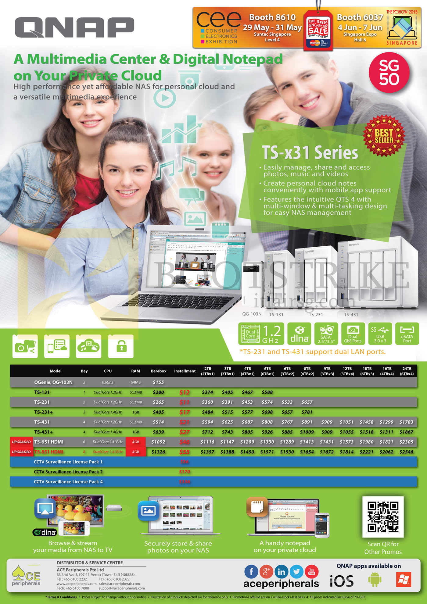 PC SHOW 2015 price list image brochure of Ace Peripherals NAS QNAP TS X31 TS 131 TS 231 Plus TS 431 Plus Qgenie