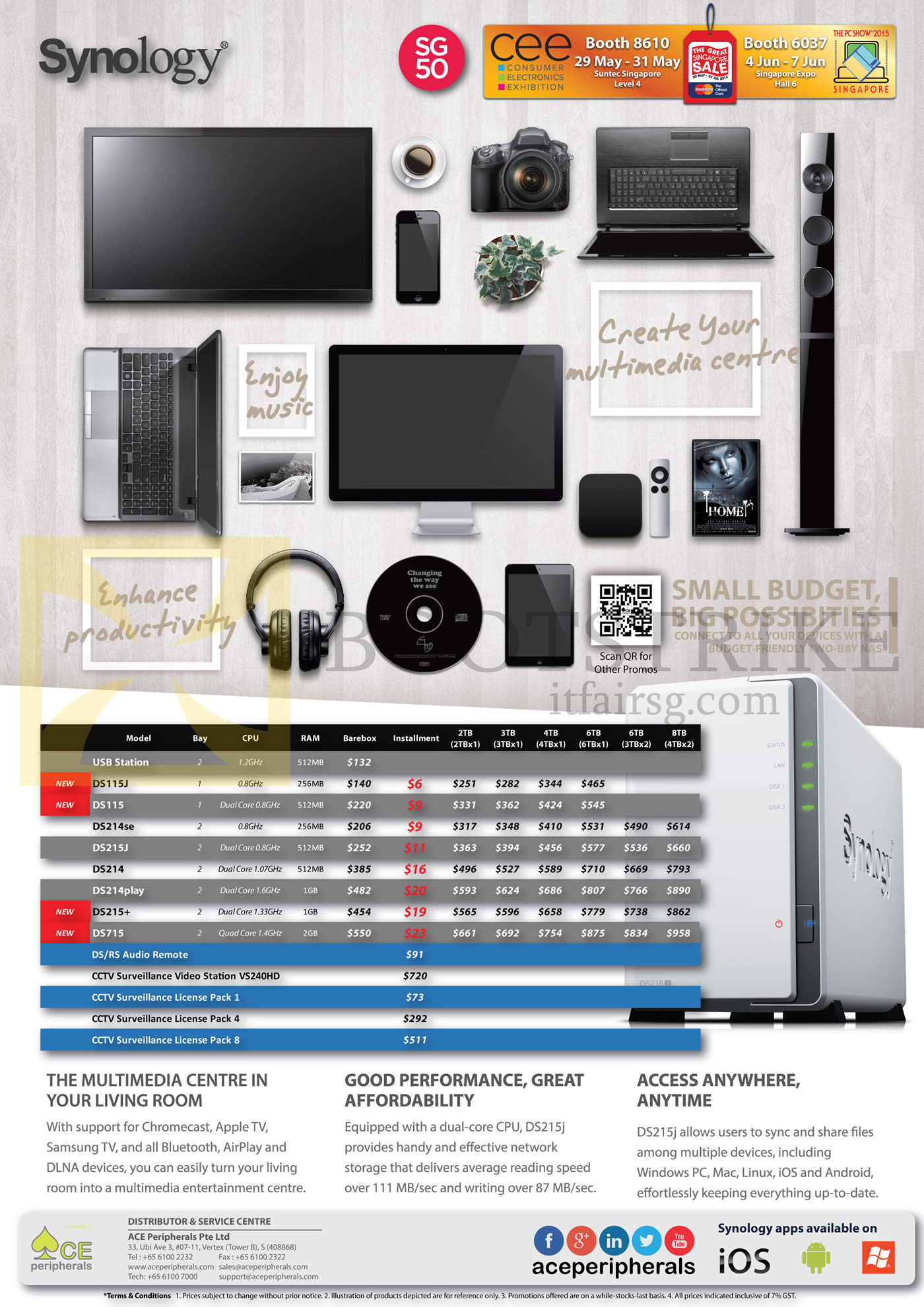 PC SHOW 2015 price list image brochure of Ace Peripherals Synology DS115 DS115J DS214se DS215J DS214Plus DS214 DS214play DS713Plus CCTV License