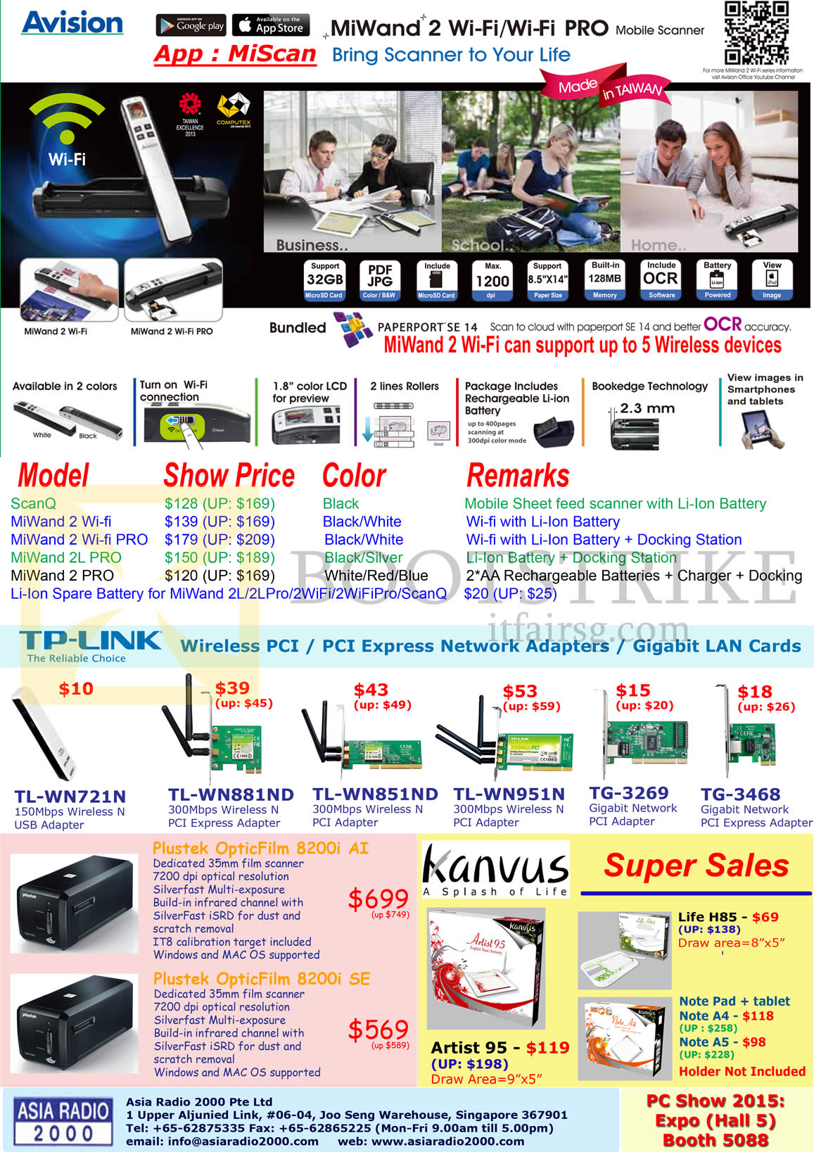 PC SHOW 2015 price list image brochure of Asia Radio TP-Link Networking Avision TP-Link Wireless PCI, MiWand, TL-WN721N, TL-WN881ND, TL-WN851ND, TL-WN951N, TG-3269, TG-3468, Plustek OpticFlim 8200i AI SE