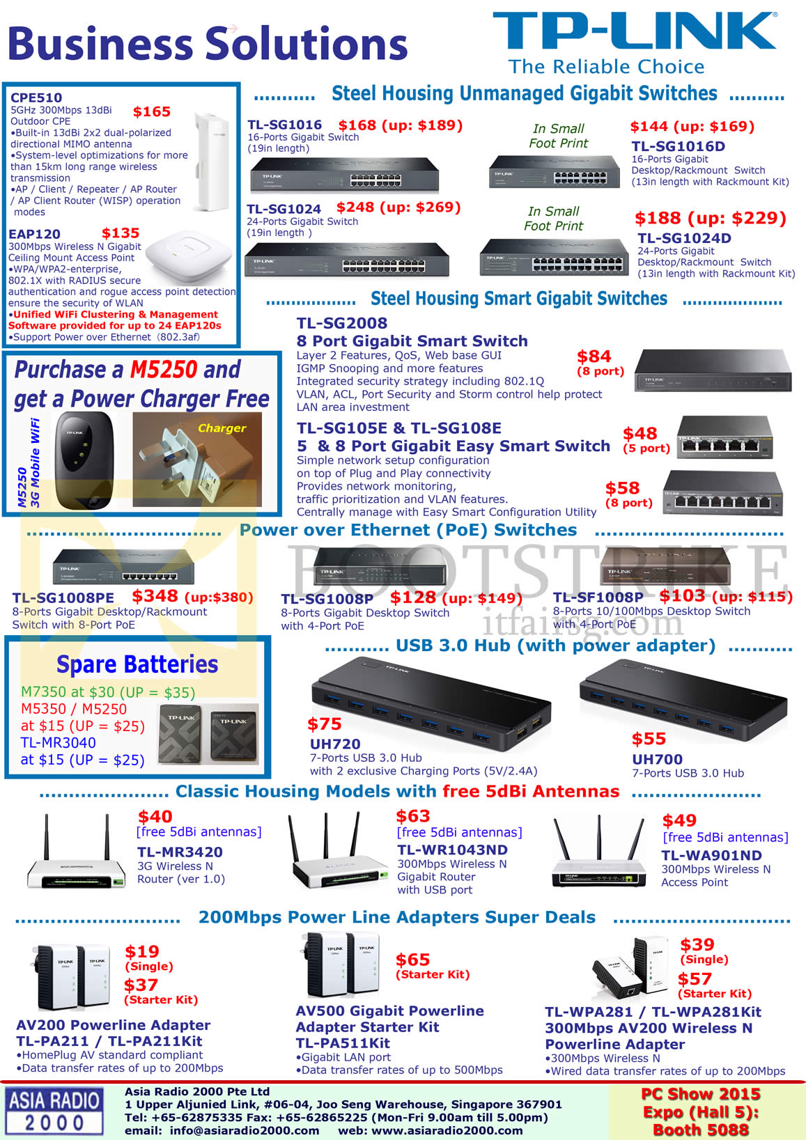 PC SHOW 2015 price list image brochure of Asia Radio TP-Link Networking Gigabit Switches, Ethernet Switches, USB 3.0 Hub, Antennas, 200Mbps Power Line Adapters Super Deals