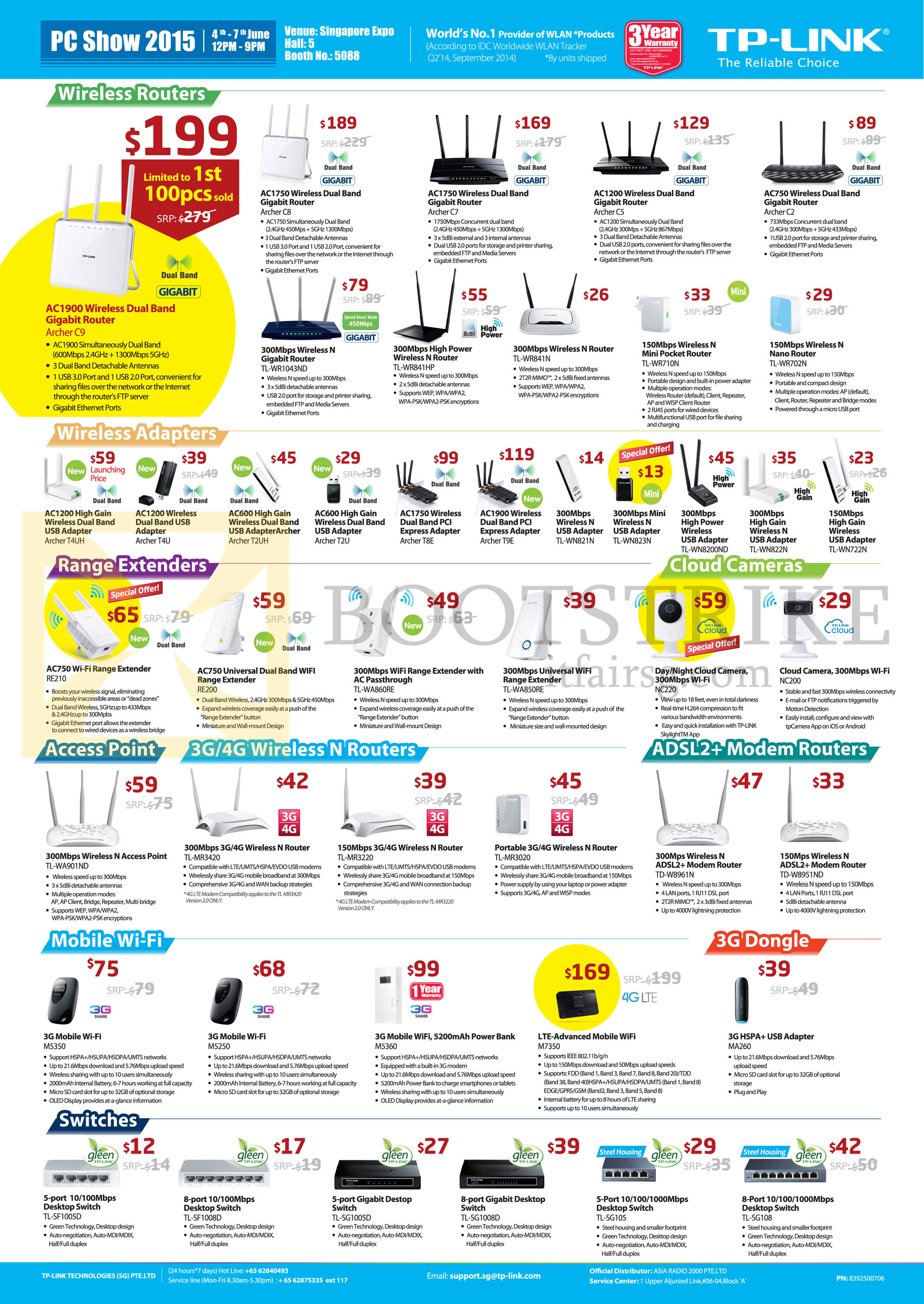 PC SHOW 2015 price list image brochure of Asia Radio TP-Link Networking IPCam, Wireless Adapters, Range Extenders, Access Point, N Routers, ADSL2, Modem Routers, Mobile Wi-Fi, 3G Dongle, Switches