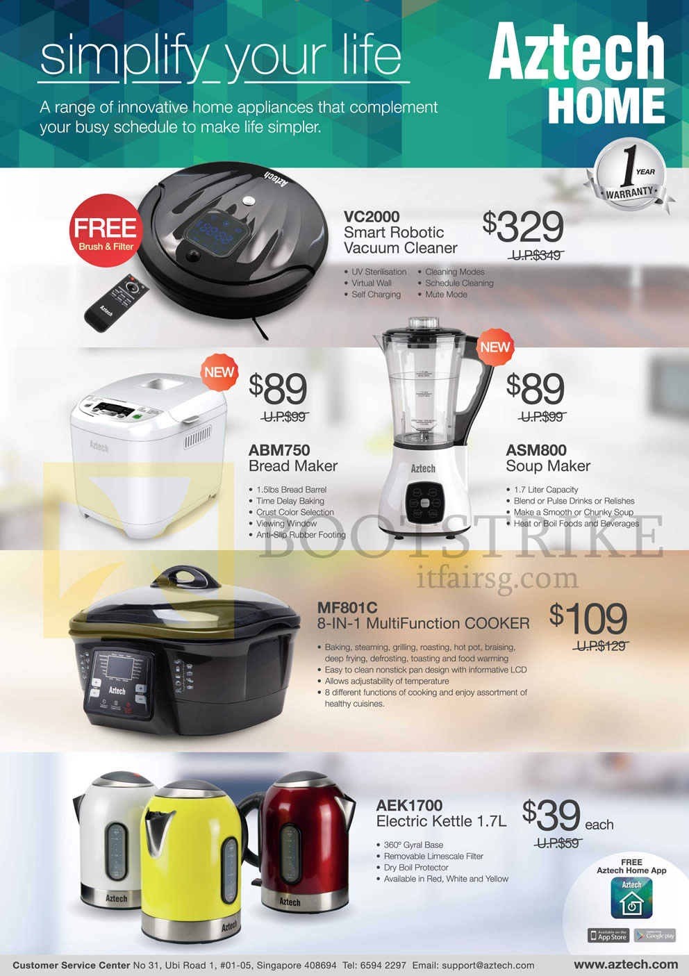 PC SHOW 2015 price list image brochure of Aztech VC2000 Smart Robotic Vacuum Cleaner, ABM750 Bread Maker, ASM800 Soup Maker, MF801C MultiFunction Cooker, AEK1700 Electric Kettle