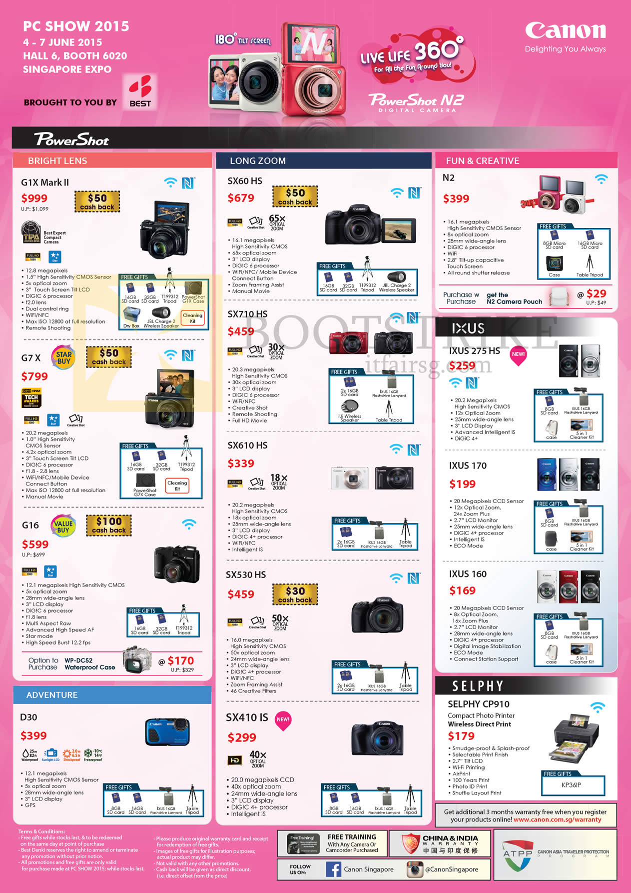 PC SHOW 2015 price list image brochure of Canon Digital Cameras PowerShot, IXUS, Selphy Photo Printer G1X Mark II, SX60 HS, SX710 HS, SX610 HS, SX530 HS, G16, D30, SX410 IS, N2, Ixus 275 HS, 170, 160, Selphy CP910