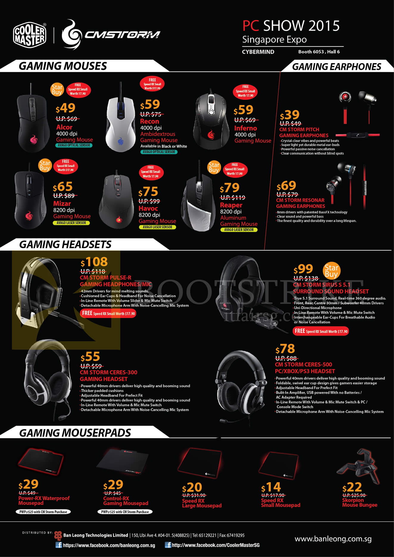 PC SHOW 2015 price list image brochure of Cooler Master CMStorm Cybermind Gaming Mouse, Alcor, Recon, Inferno, Mizar, Havoc, Reaper, Earphones, Headsets, Pulse-R, Sirus S, Ceres-300 500, Mousepads